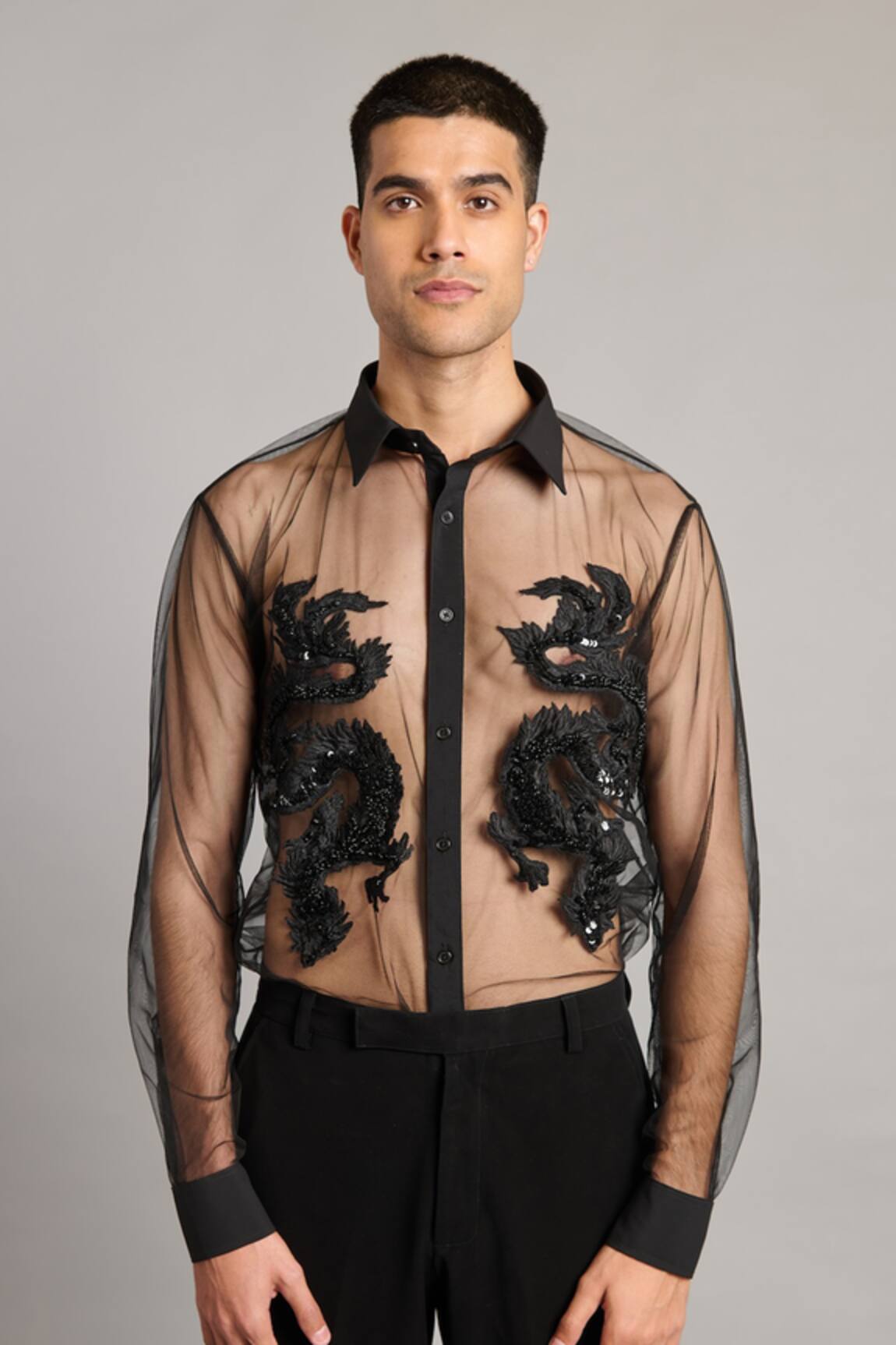 Siddartha Tytler Sheer Black Dragon Embroidered Shirt 