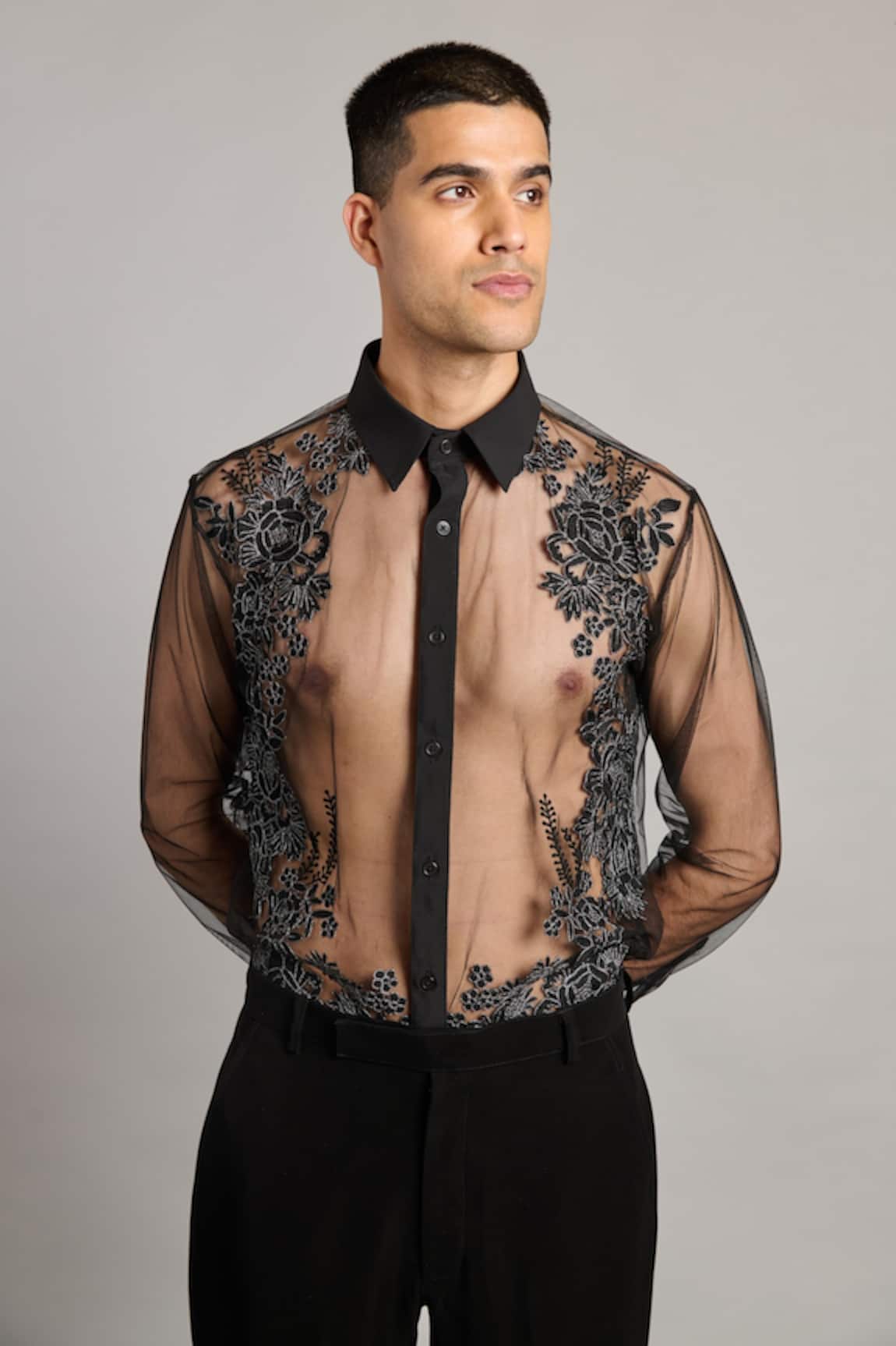Siddartha Tytler Sheer Floral Black Shirt 