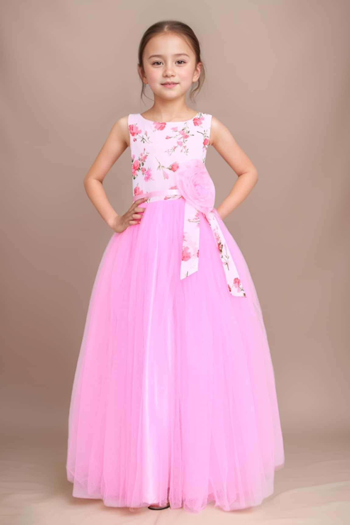 Petite Pomme Floral Embellished Pink Girls Gown