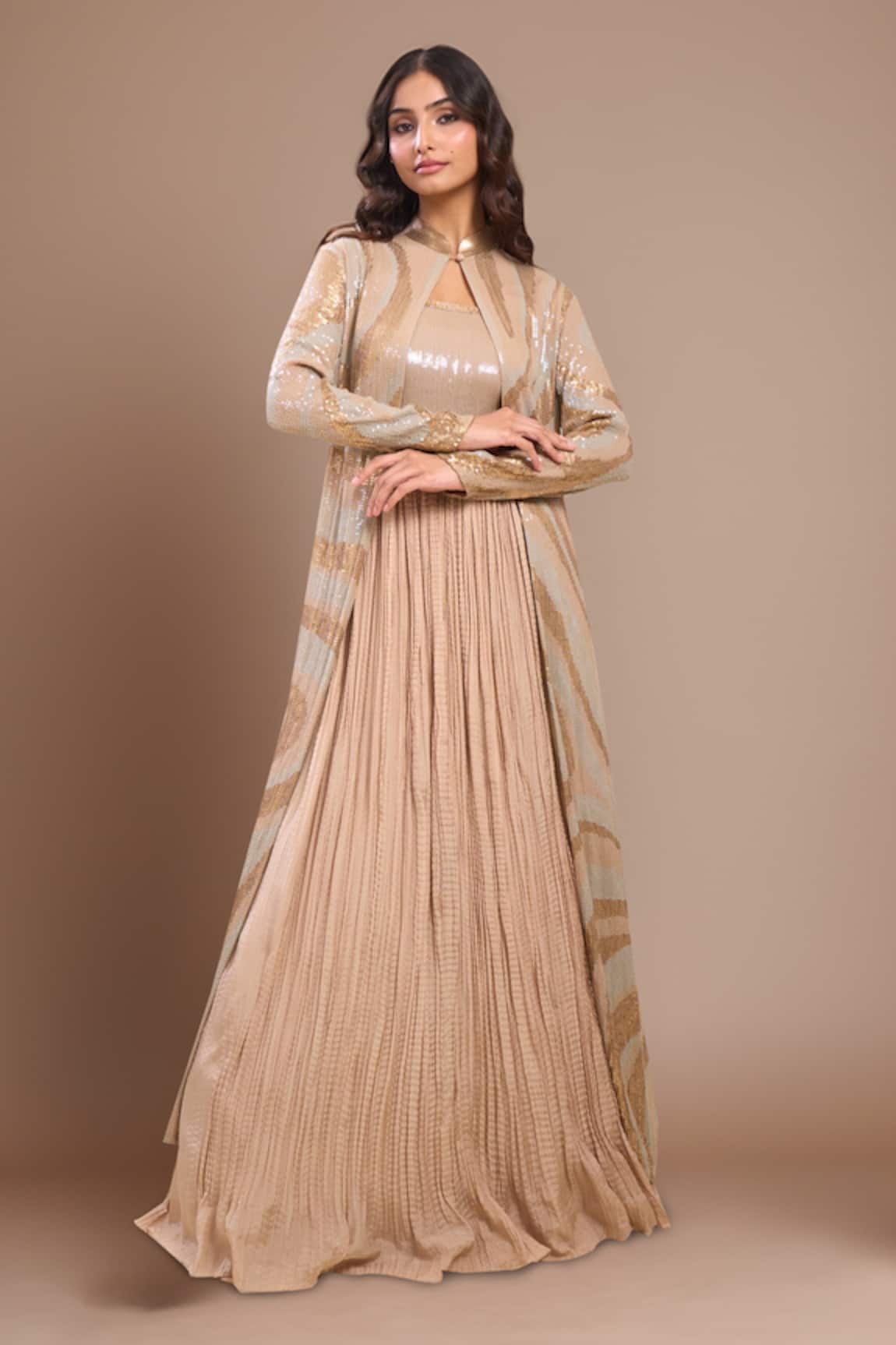 Nakul Sen Beige Sequin Anarkali Lehenga Set 