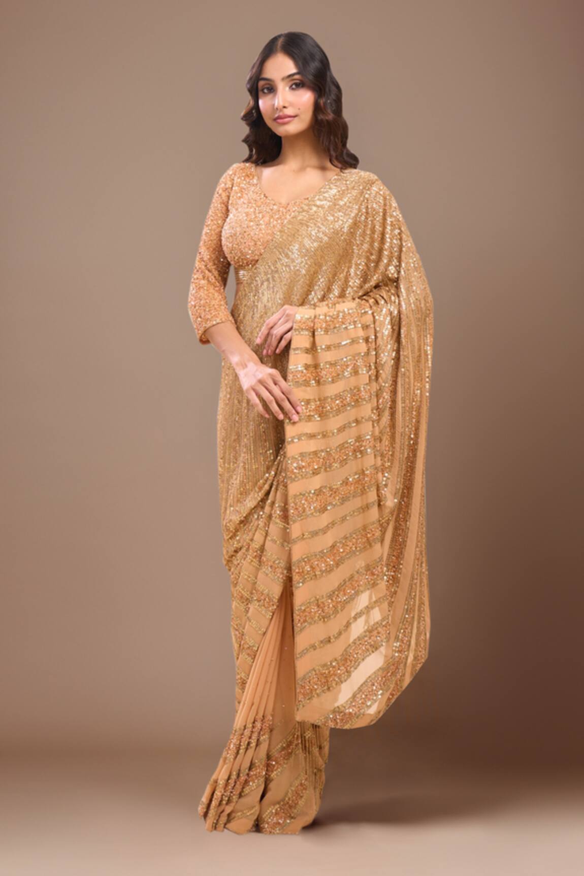 Nakul Sen Designer Peach Saree & Blouse Set 