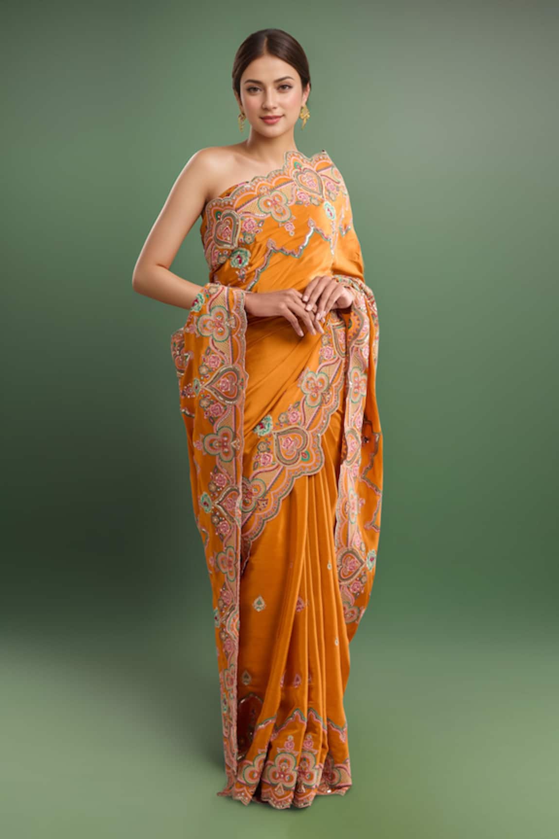 Torani Embroidered Orange Silk Saree Set 
