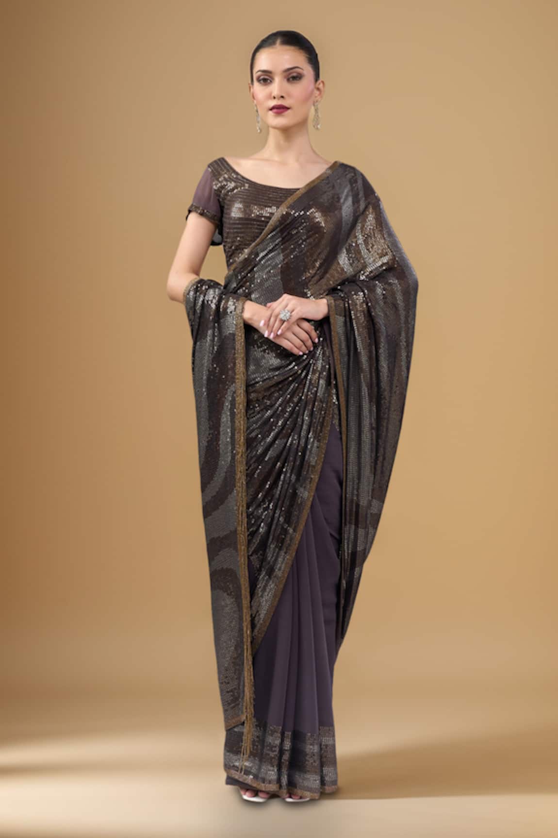 Nakul Sen Charcoal Black Sequin Saree Set 
