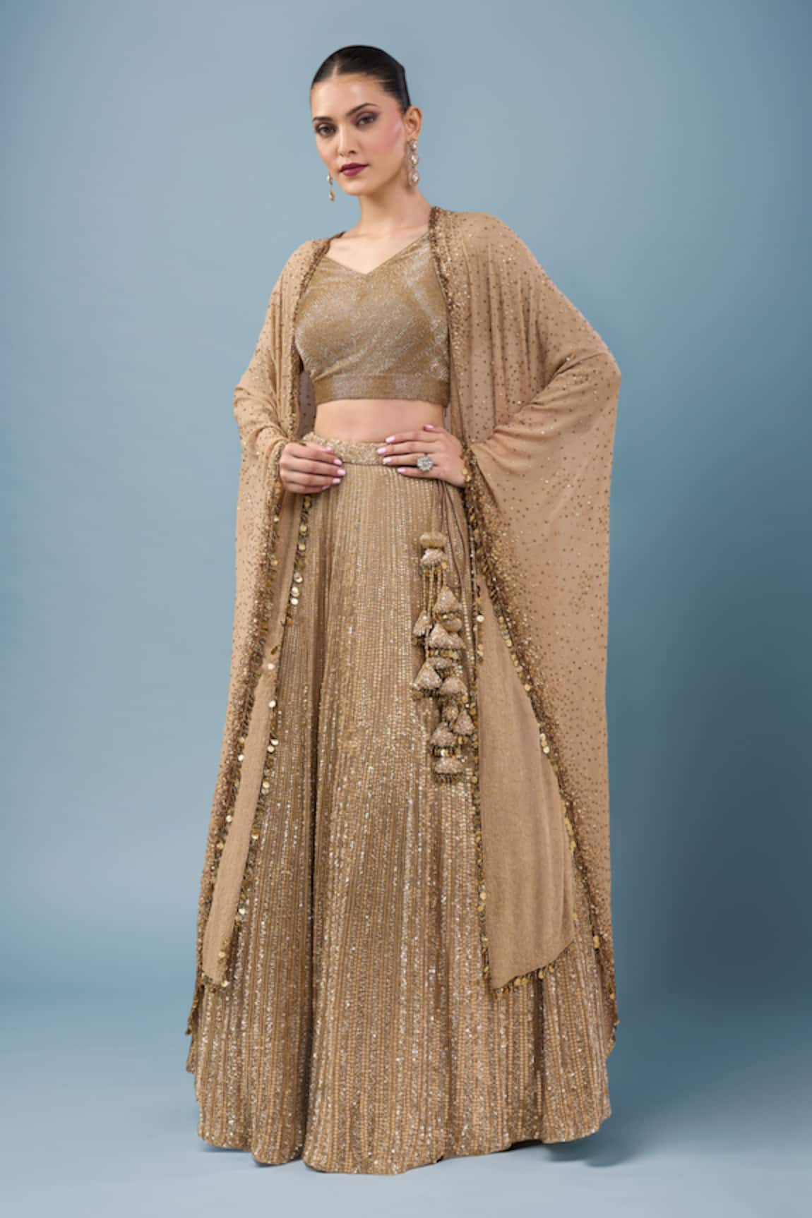 Nakul Sen Beige Lehenga Long Cape Set 