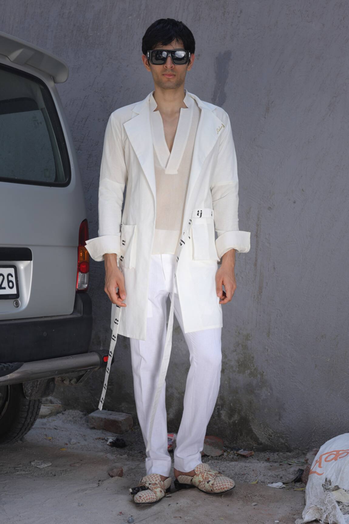 Ankur J White Crochet Overlay Jacket Set 