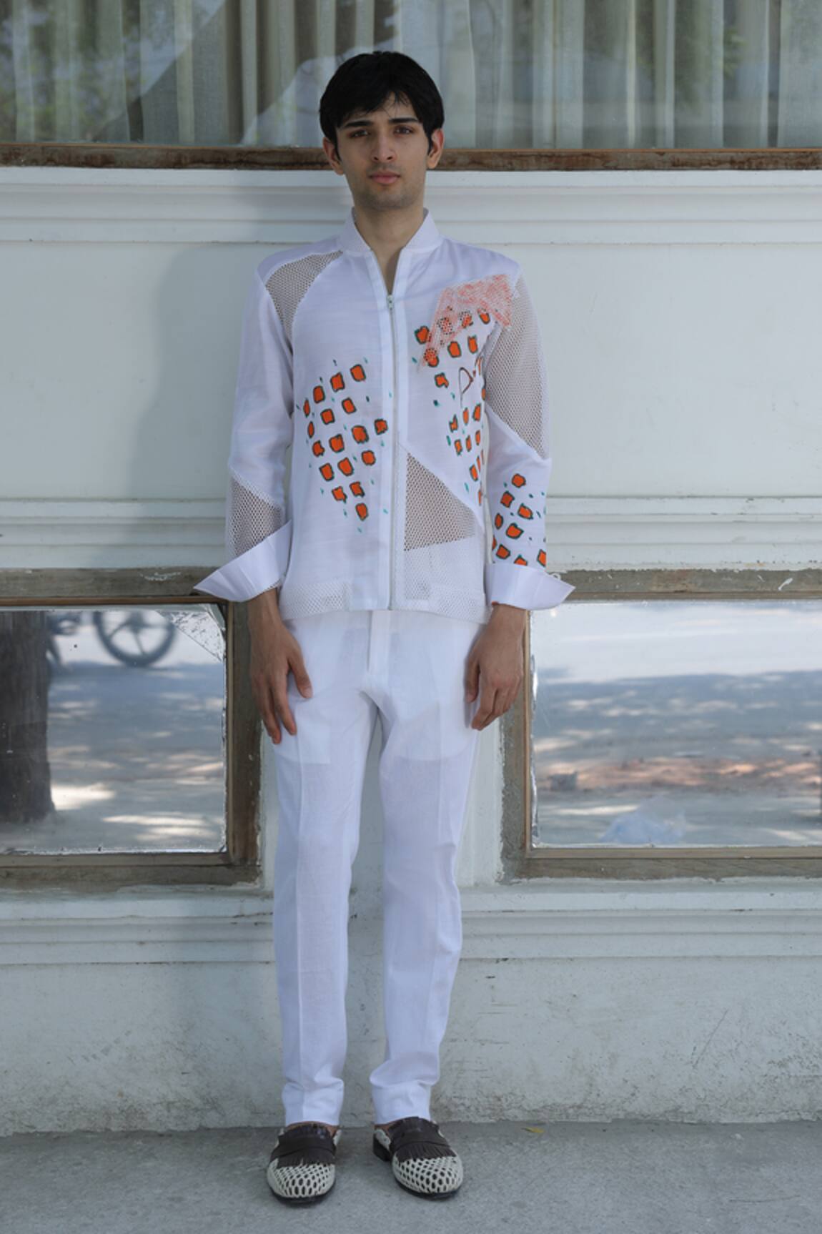 Ankur J Designer White Crochet Bomber Shirt 