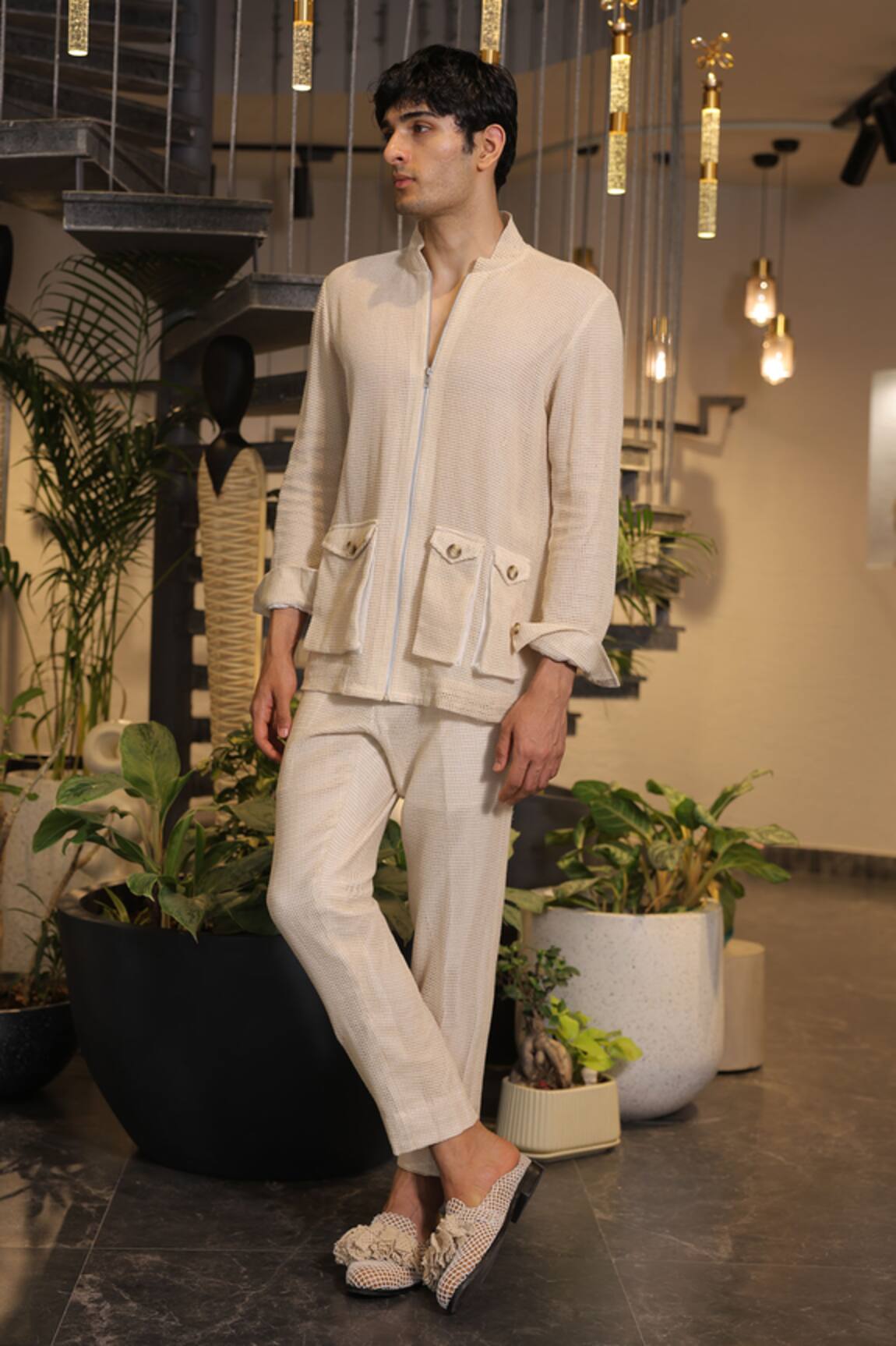 Ankur J Beige Modal Satin Bomber Shirt 