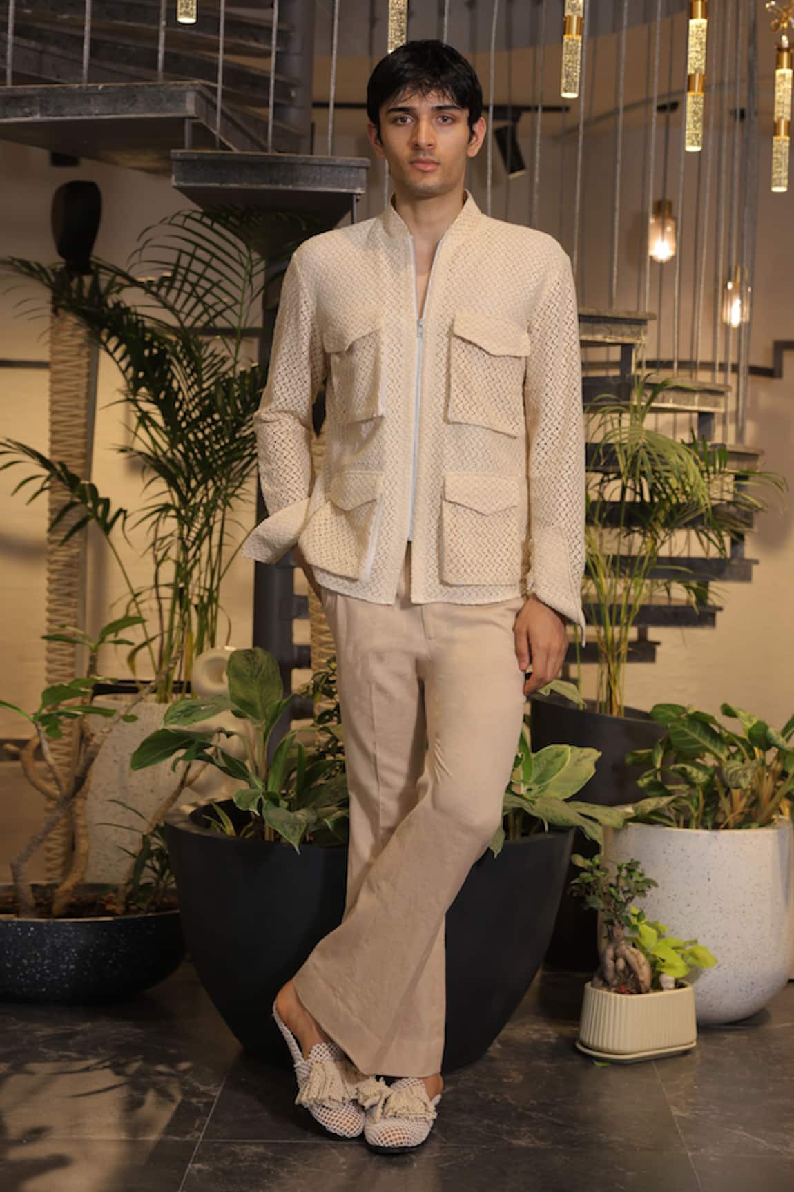 Ankur J Beige Crochet Bomber Jacket 