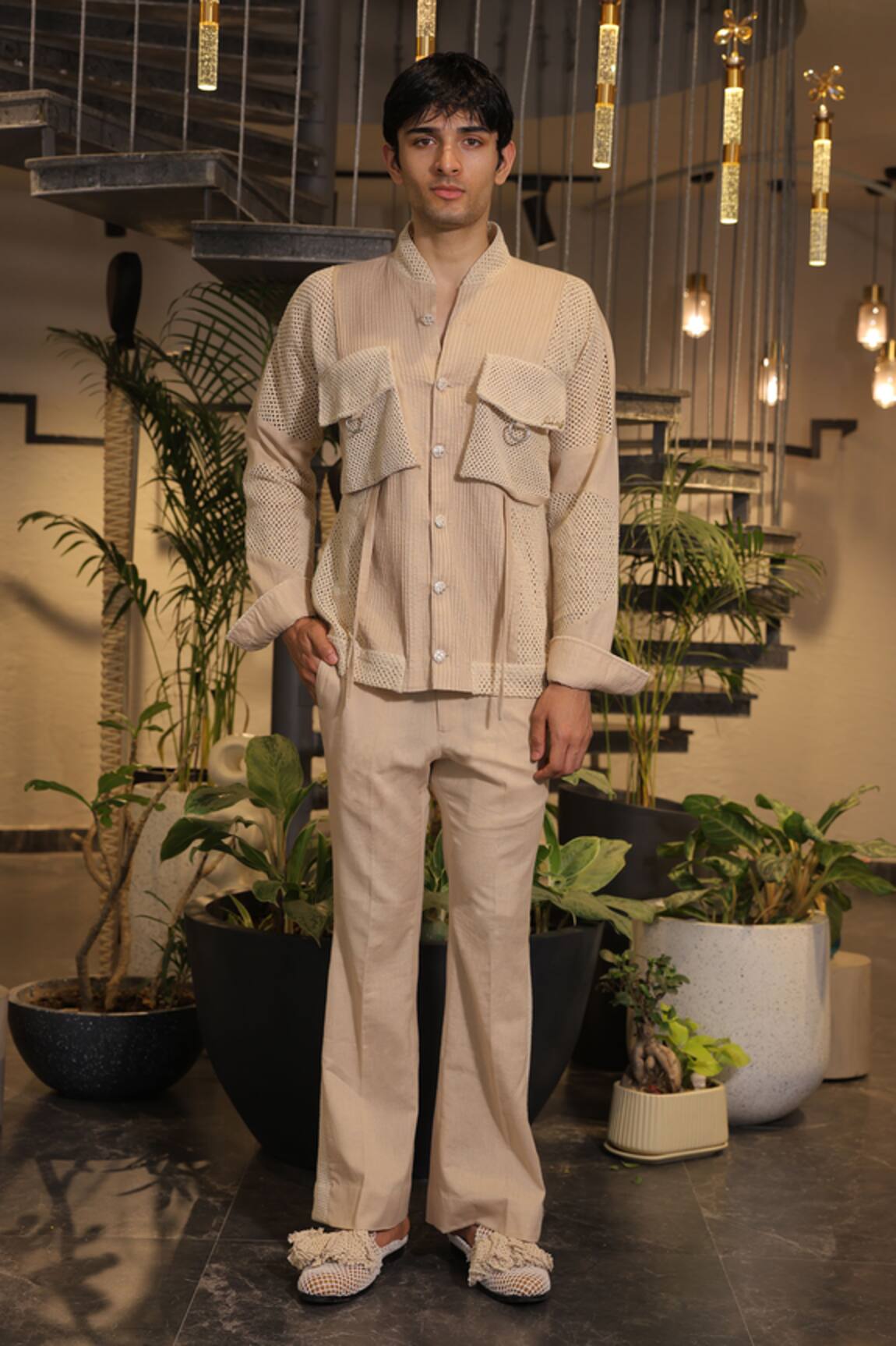 Ankur J Beige Crochet Bomber Shirt 