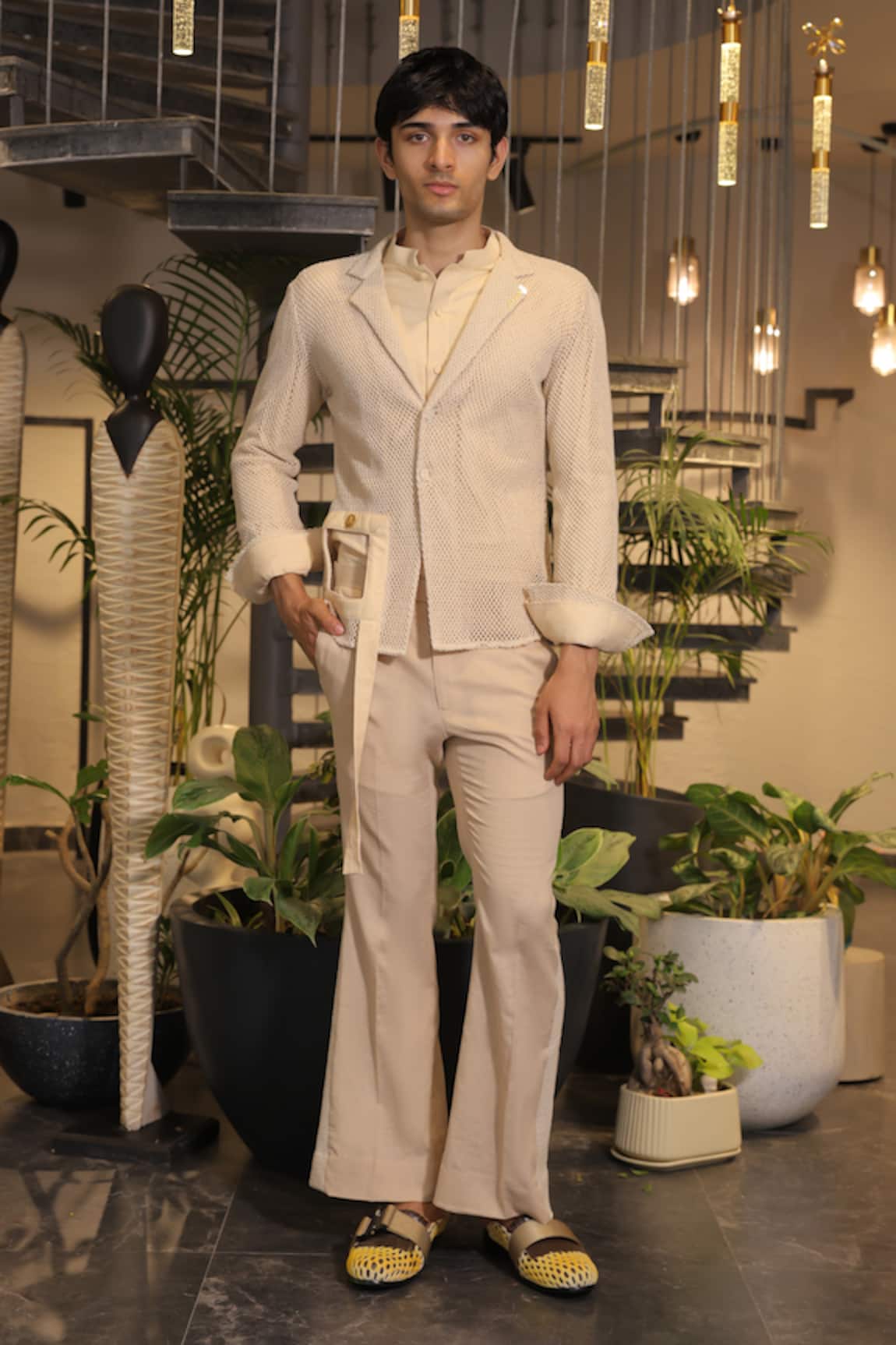 Ankur J Beige Linen and Crochet Shirt Pant Set 