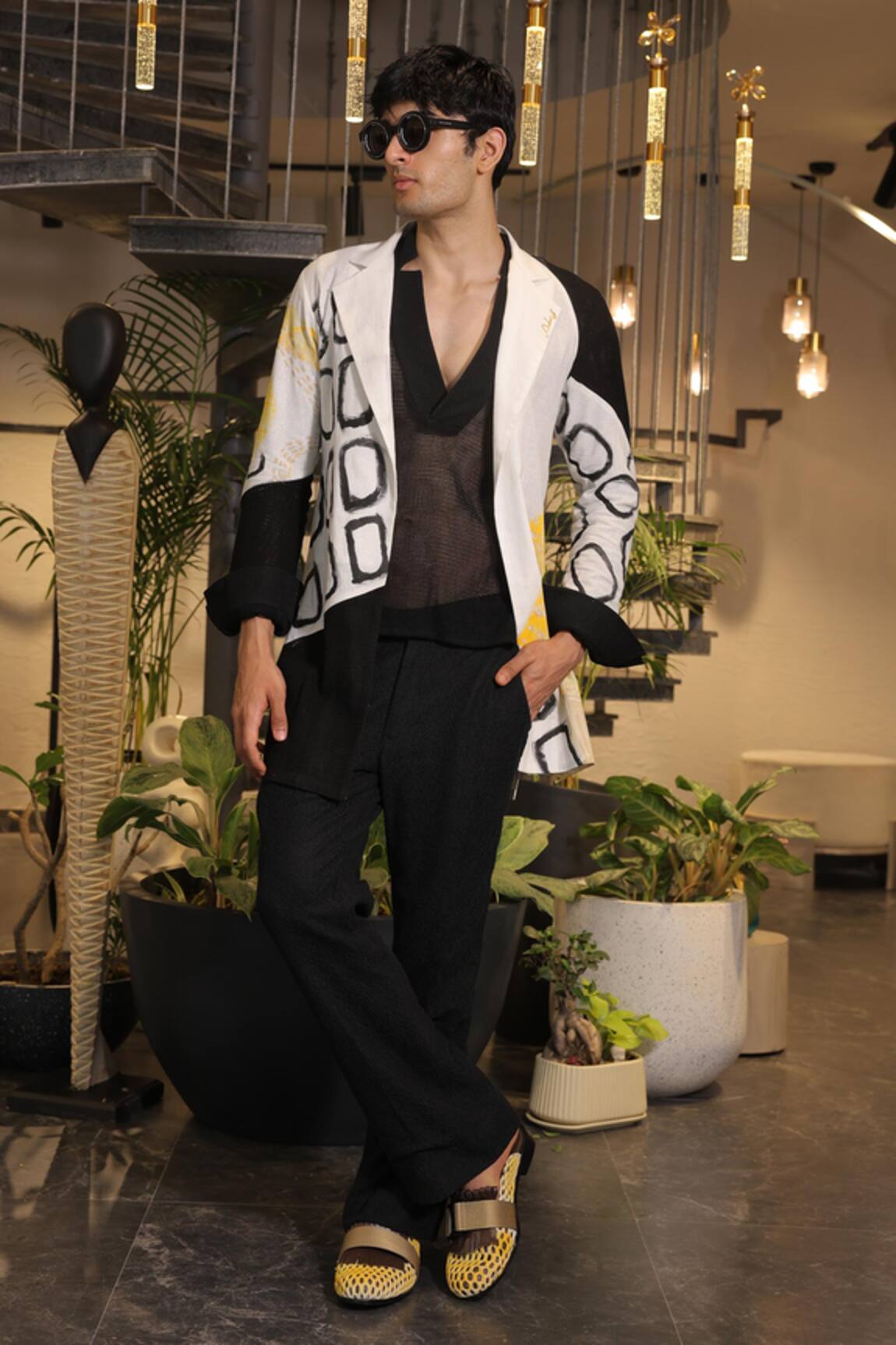 Ankur J Black Linen Crochet Overlay Jacket Set 