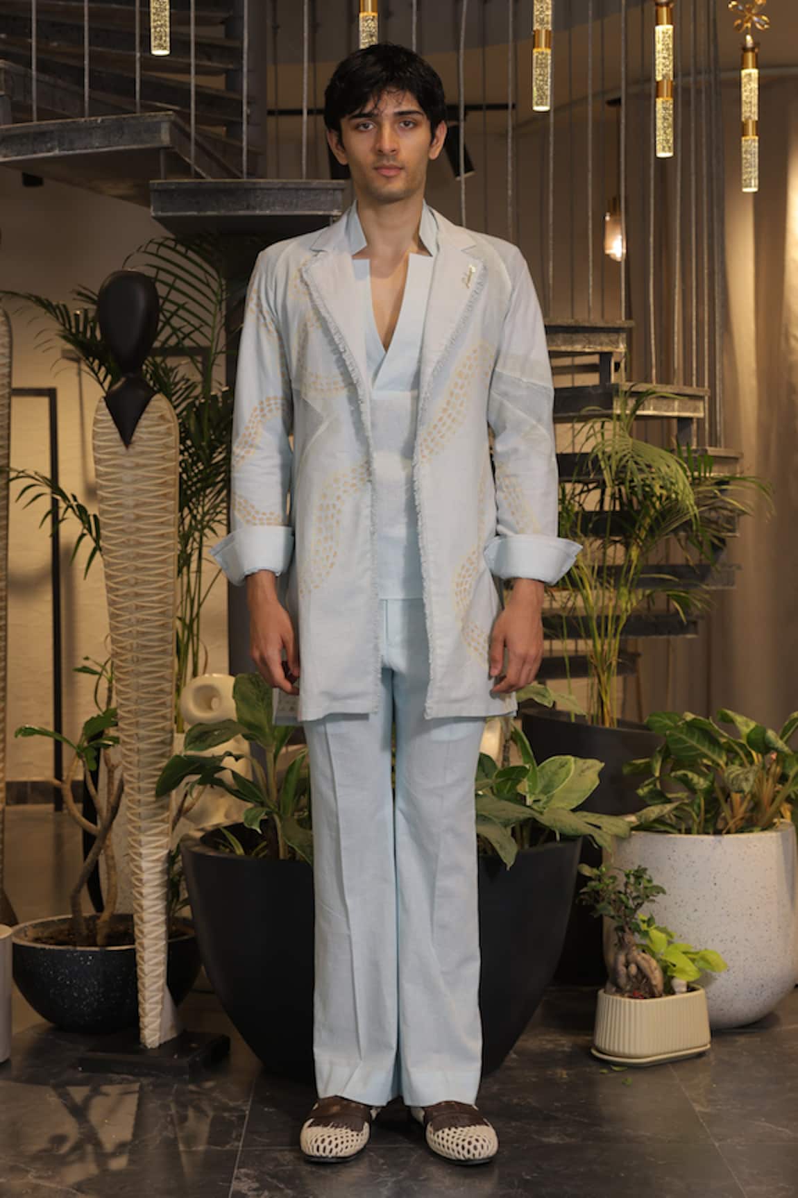 Ankur J Designer Crochet Linen Overlay Jacket Set 