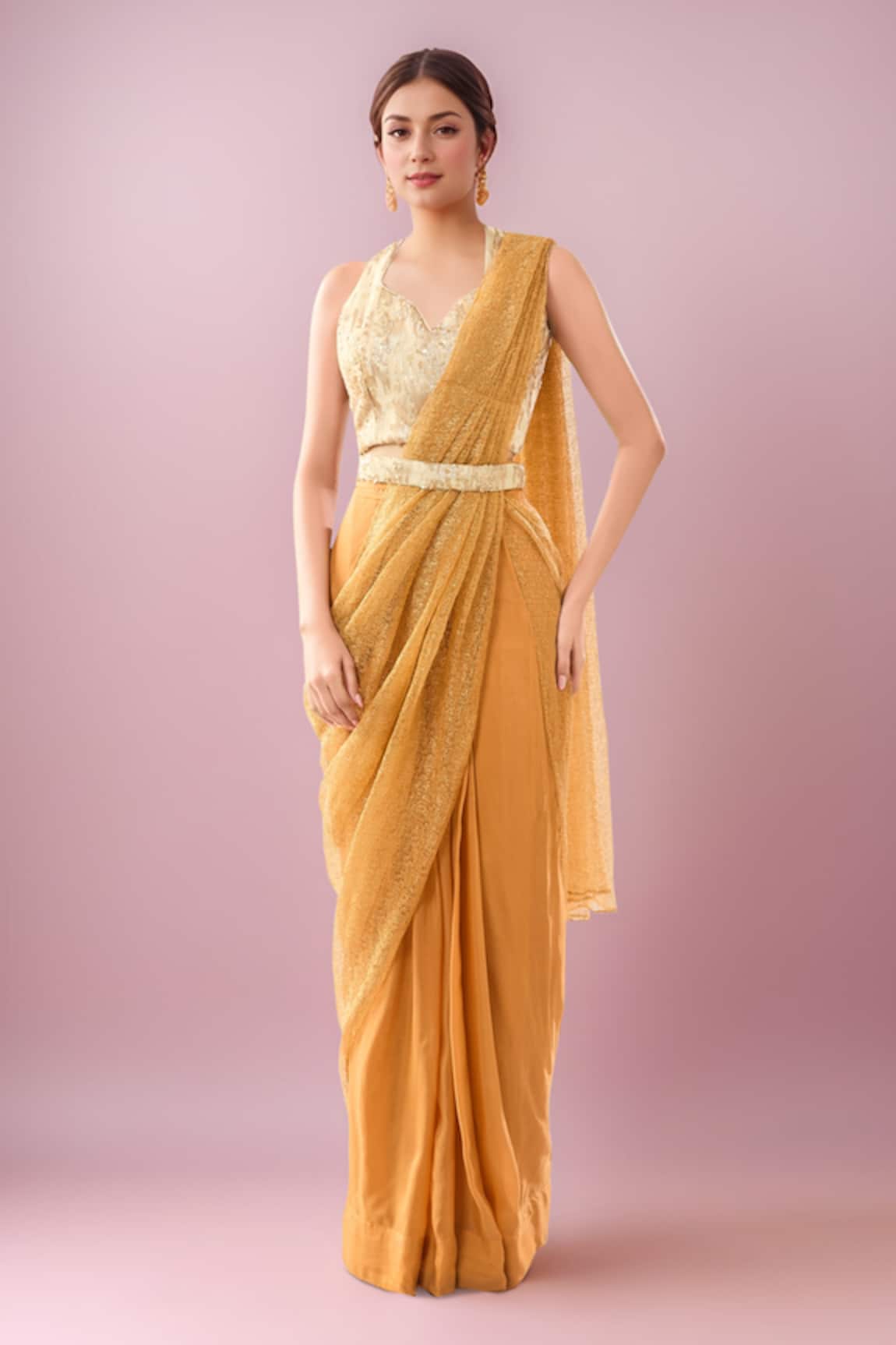 Samyukta Singhania Mustard Net Pre-Draped Saree Set 