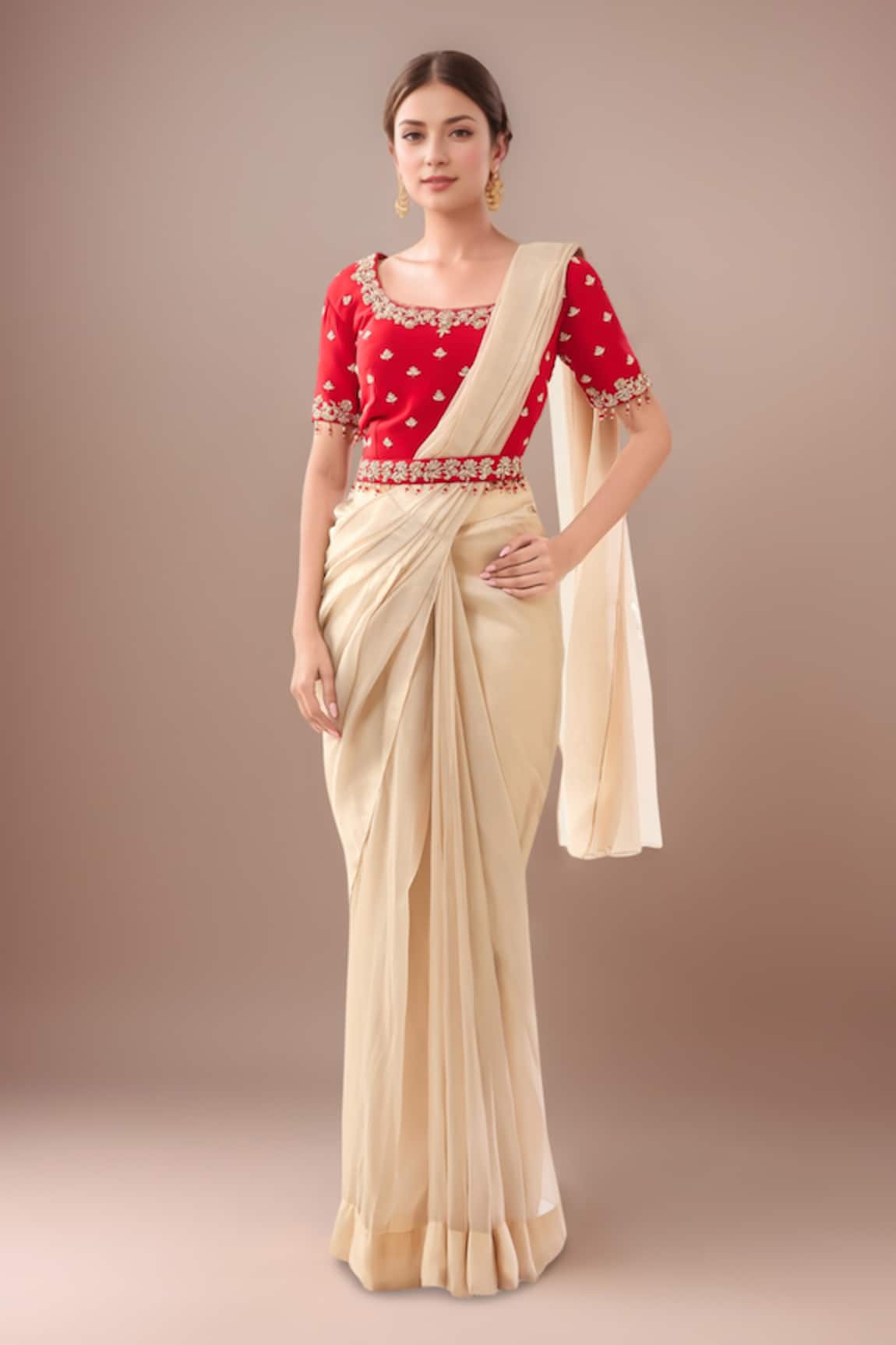 Samyukta Singhania Beige Pre-Draped Saree Set With Red Blouse 