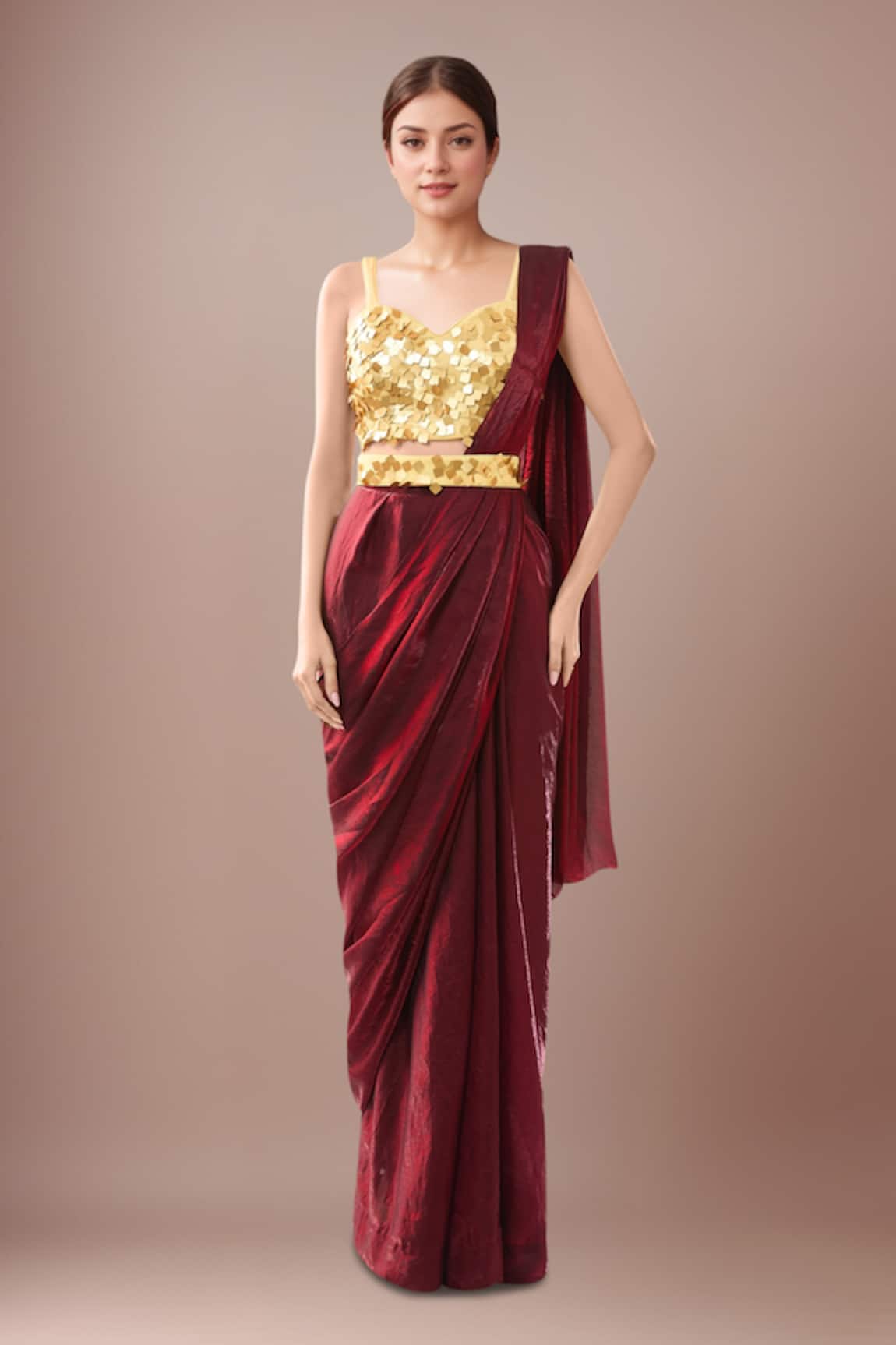 Samyukta Singhania Maroon Pre-Draped Saree Set With Golden Blouse 