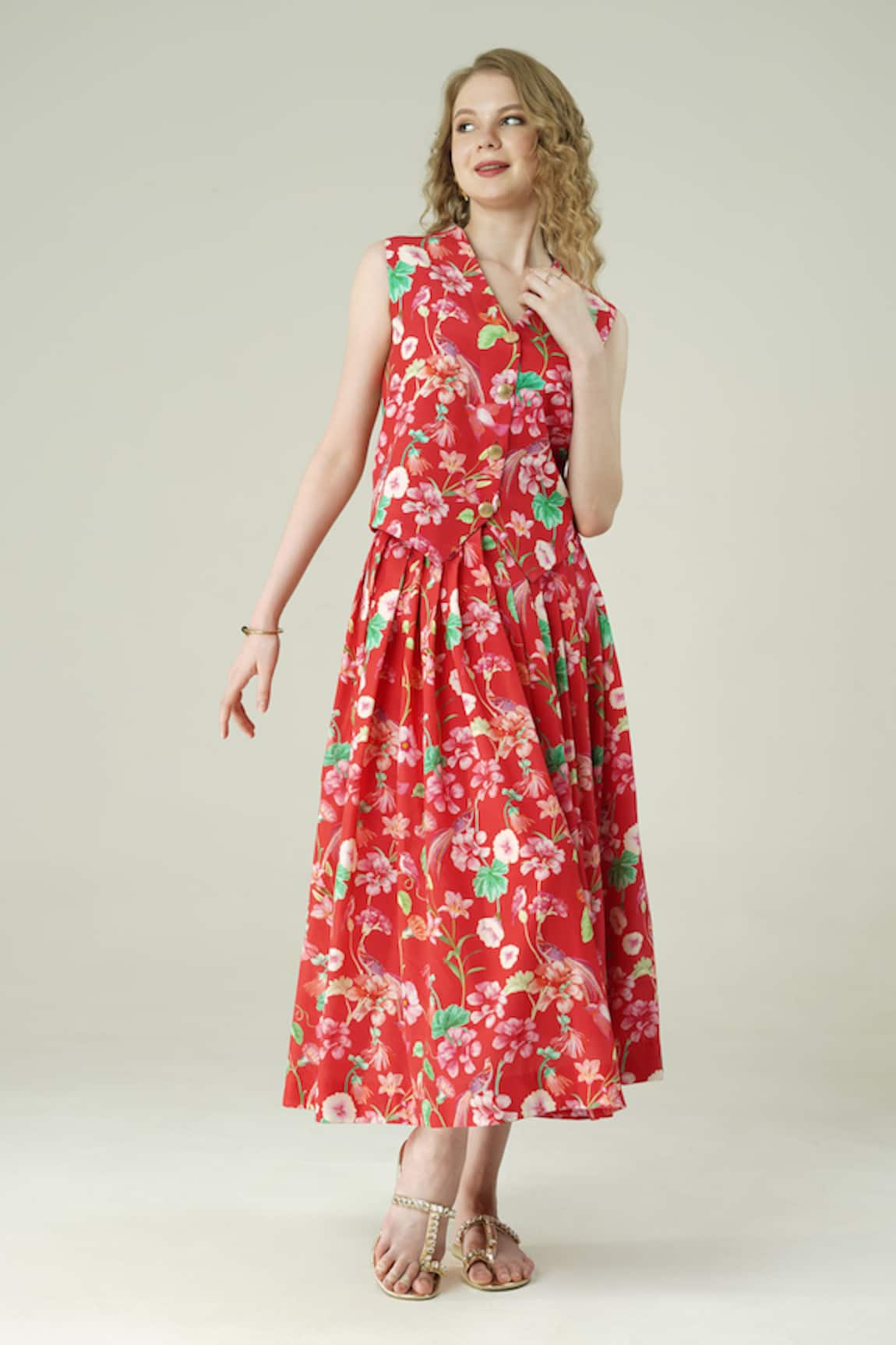 Surabhi Arya Floral Print Crepe Waist Coat & Skirt Set 