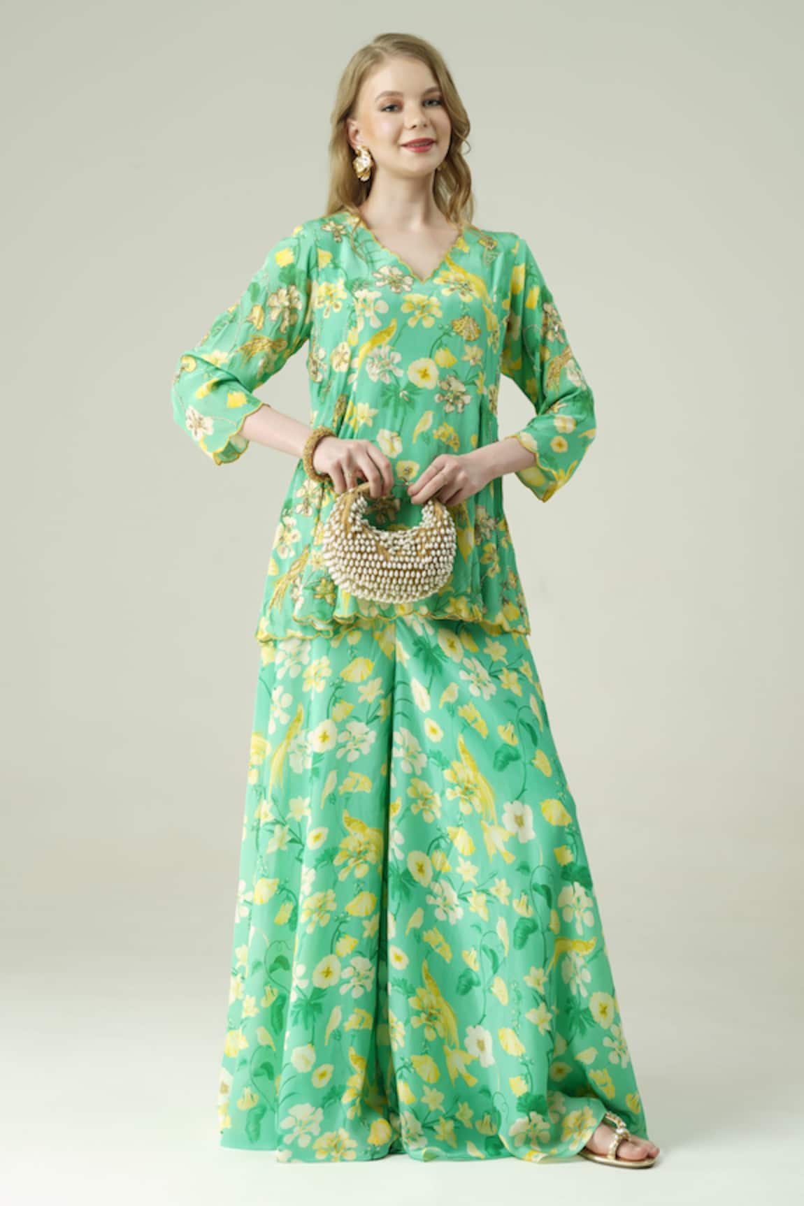 Surabhi Arya Green Floral Hand Embroidered Kurta Sharara Set 