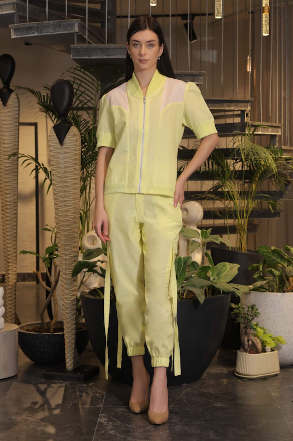 Ankur J Yellow Linen Crochet Bomber Shirt & Pant Set 