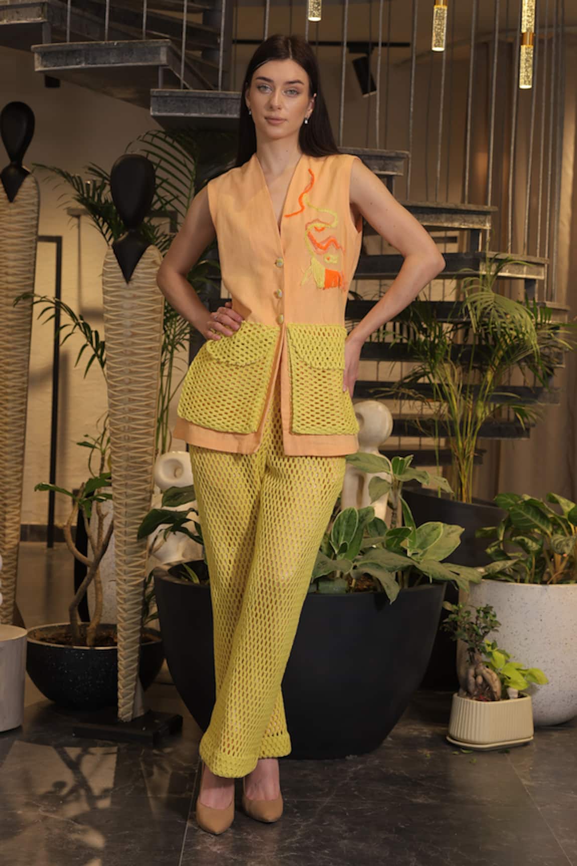 Ankur J Crochet Pocket Jacket & Pant Set 