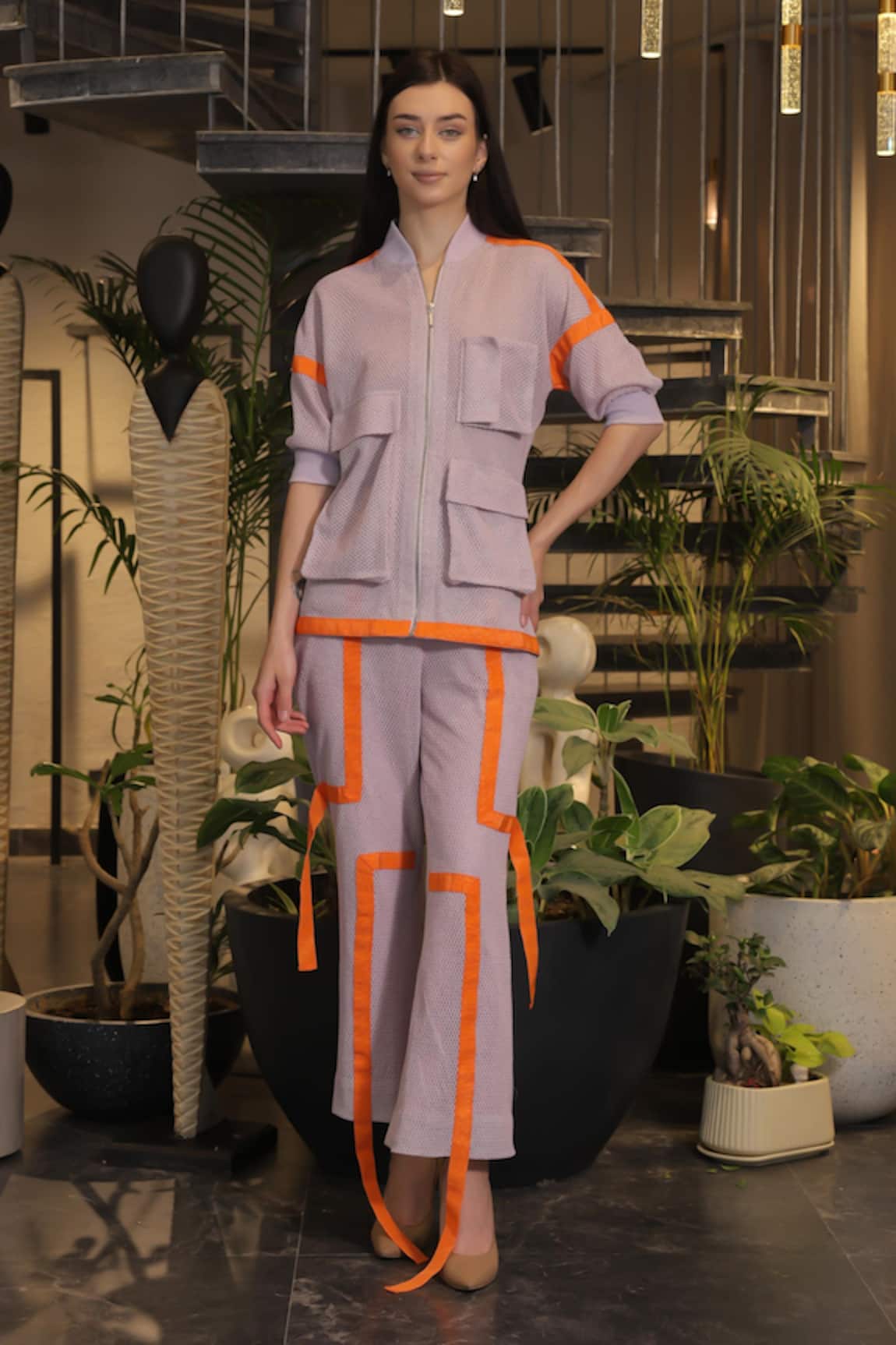 Ankur J Lavender Crochet Bomber Shirt & Pant Set 