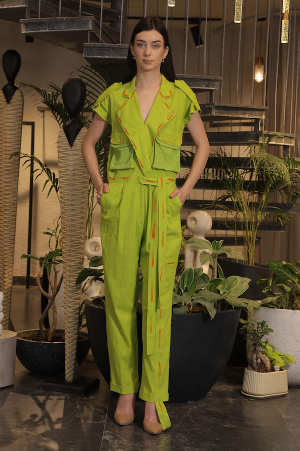 Ankur J Designer Green Linen Jumpsuit With Belt 