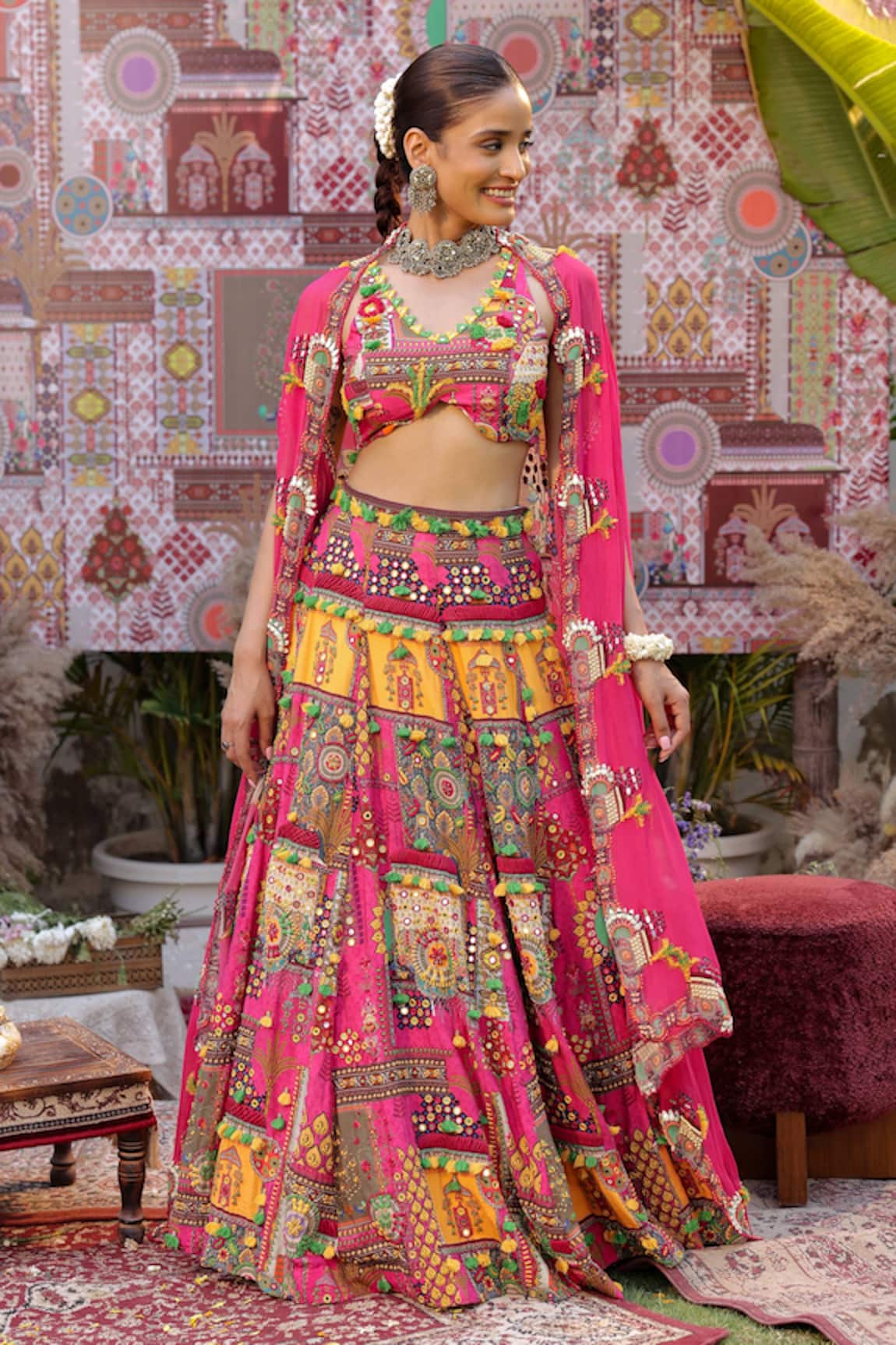 Ankur J Designer Pink & Yellow Cape Lehenga Set 