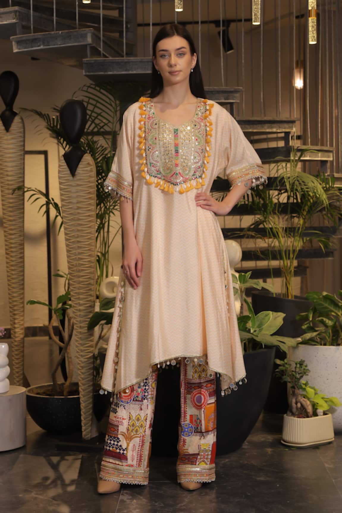 Ankur J Embroidered Peach Kaftan & Pant Set 