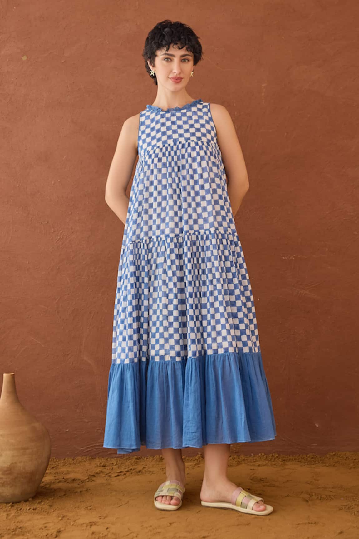 Taro Block Printed Blue & White Dress 