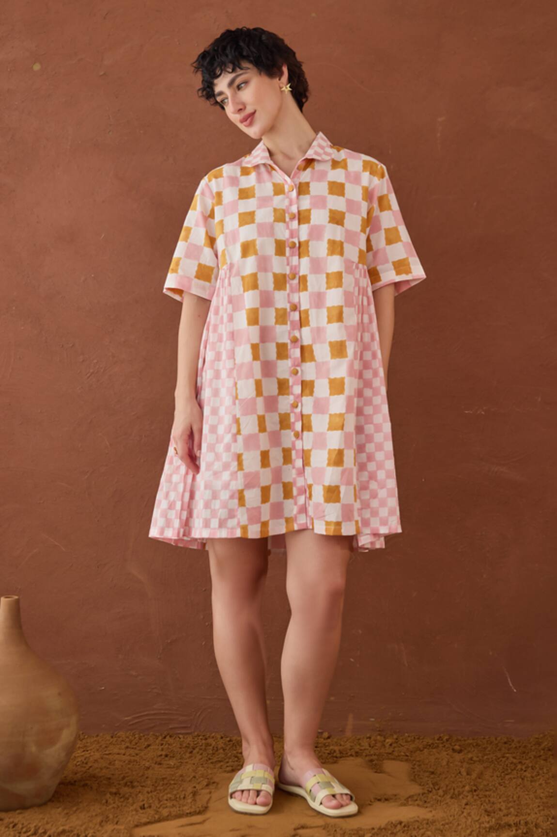 Taro Bubblegum Block Printed Shirt Dress 