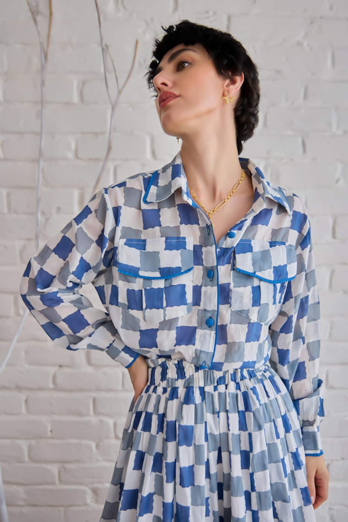 Taro Block Printed Blue Pixel Shirt 
