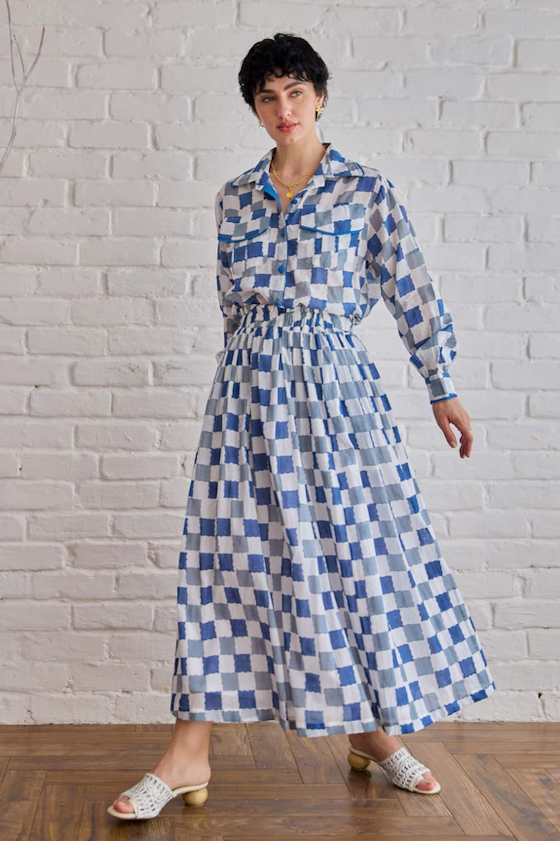 Taro Block Printed Blue Pixel Skirt 