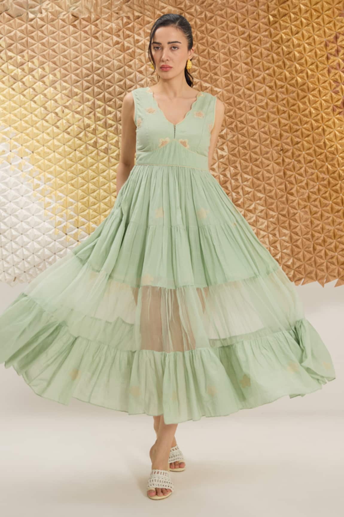 The Loom Art Waterfall Green Handwoven Cotton Silk Dress 