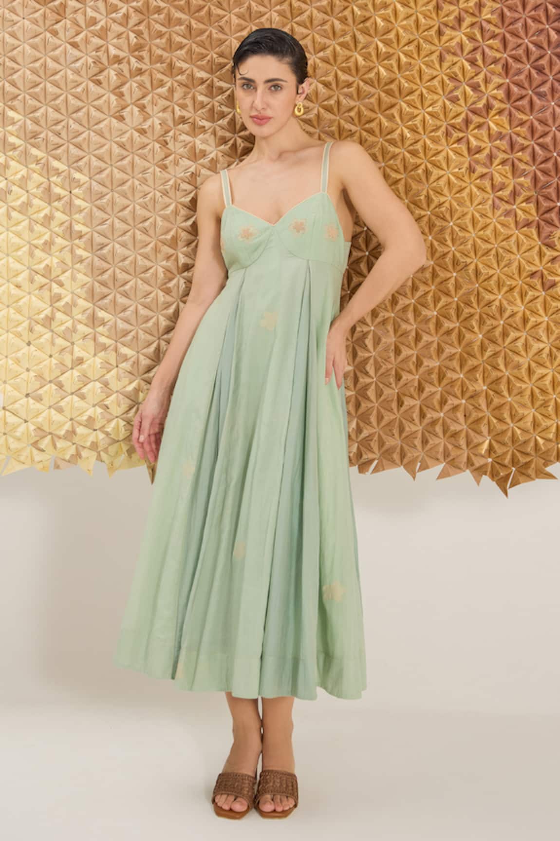 The Loom Art Waterfall Green Handwoven Cotton Silk Dress 