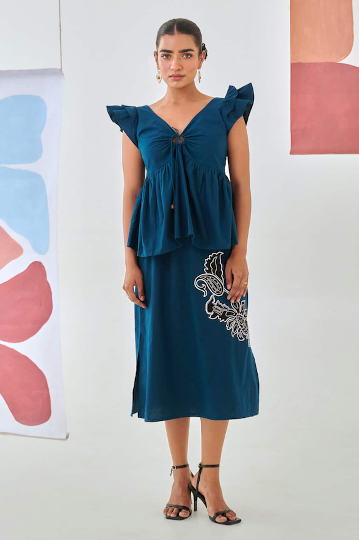 Moontara Teal Tie-Up Top & A-Line Skirt Set 