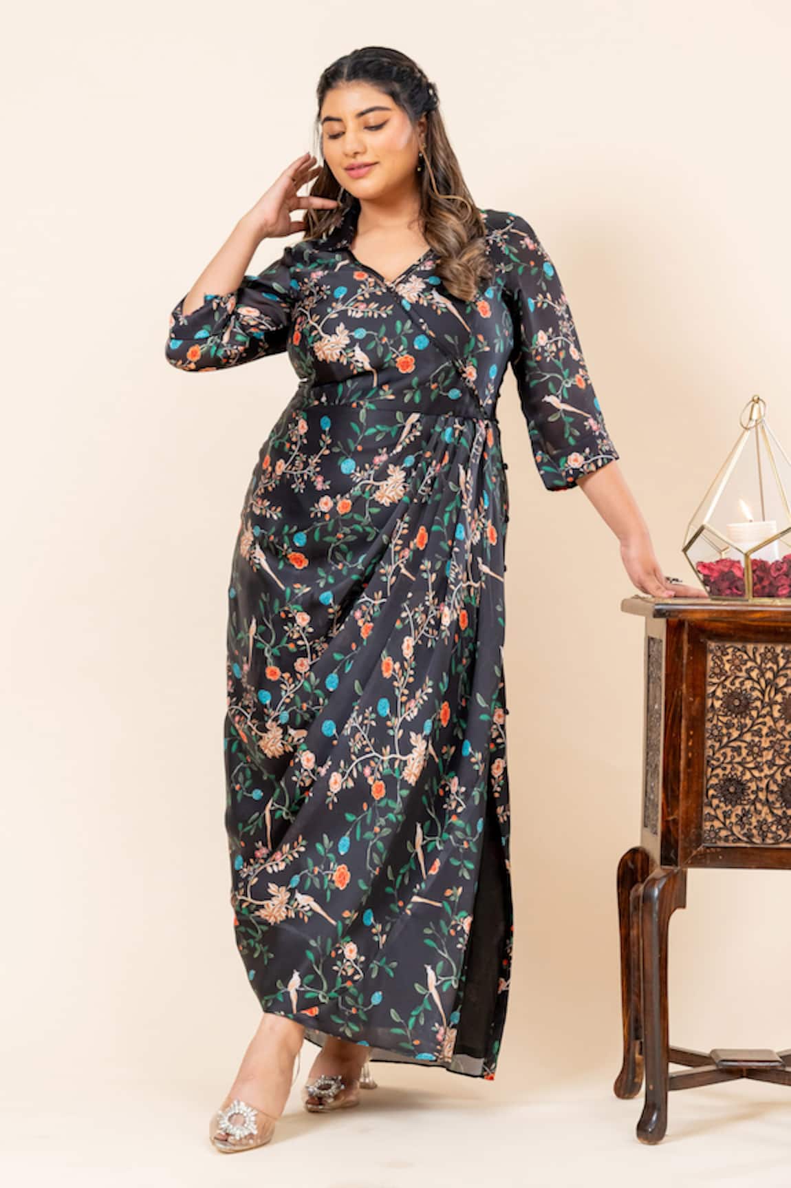 Mamicha Floral Print Black Satin Georgette Dress 