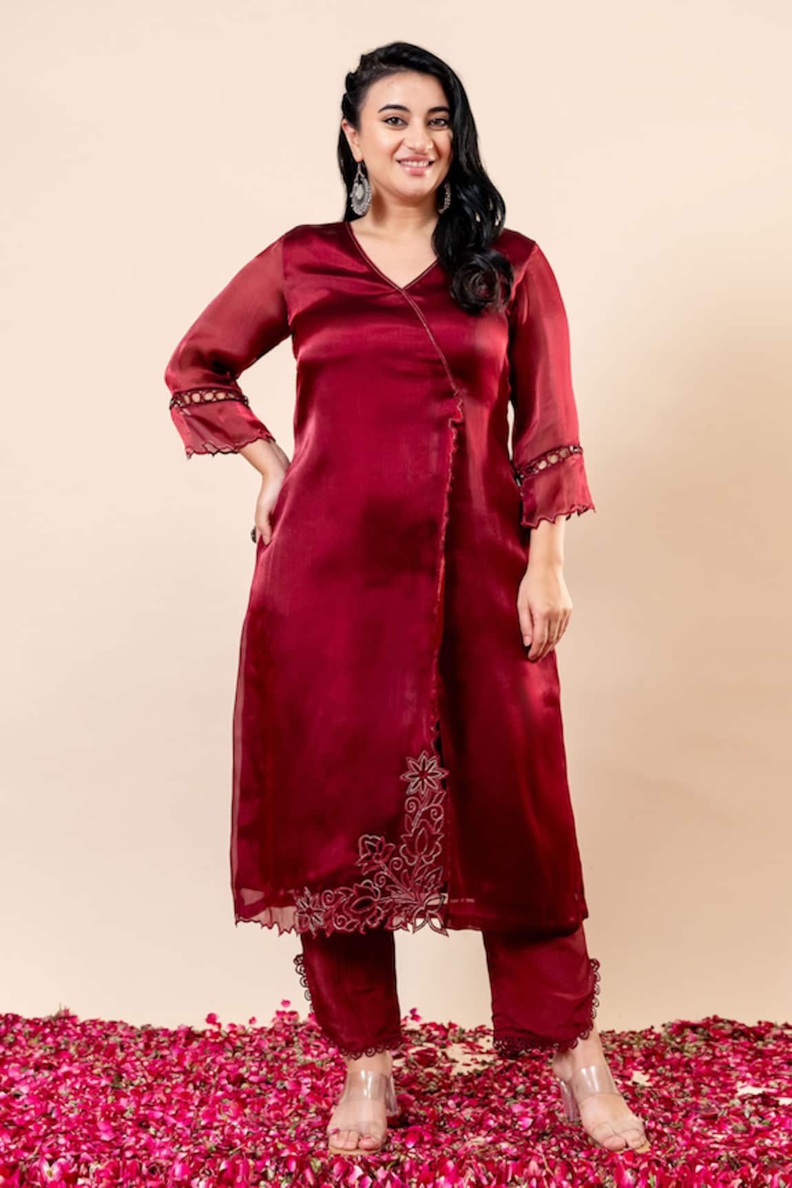 Mamicha Rose Wood Organza Chiffon Angrakha Set 