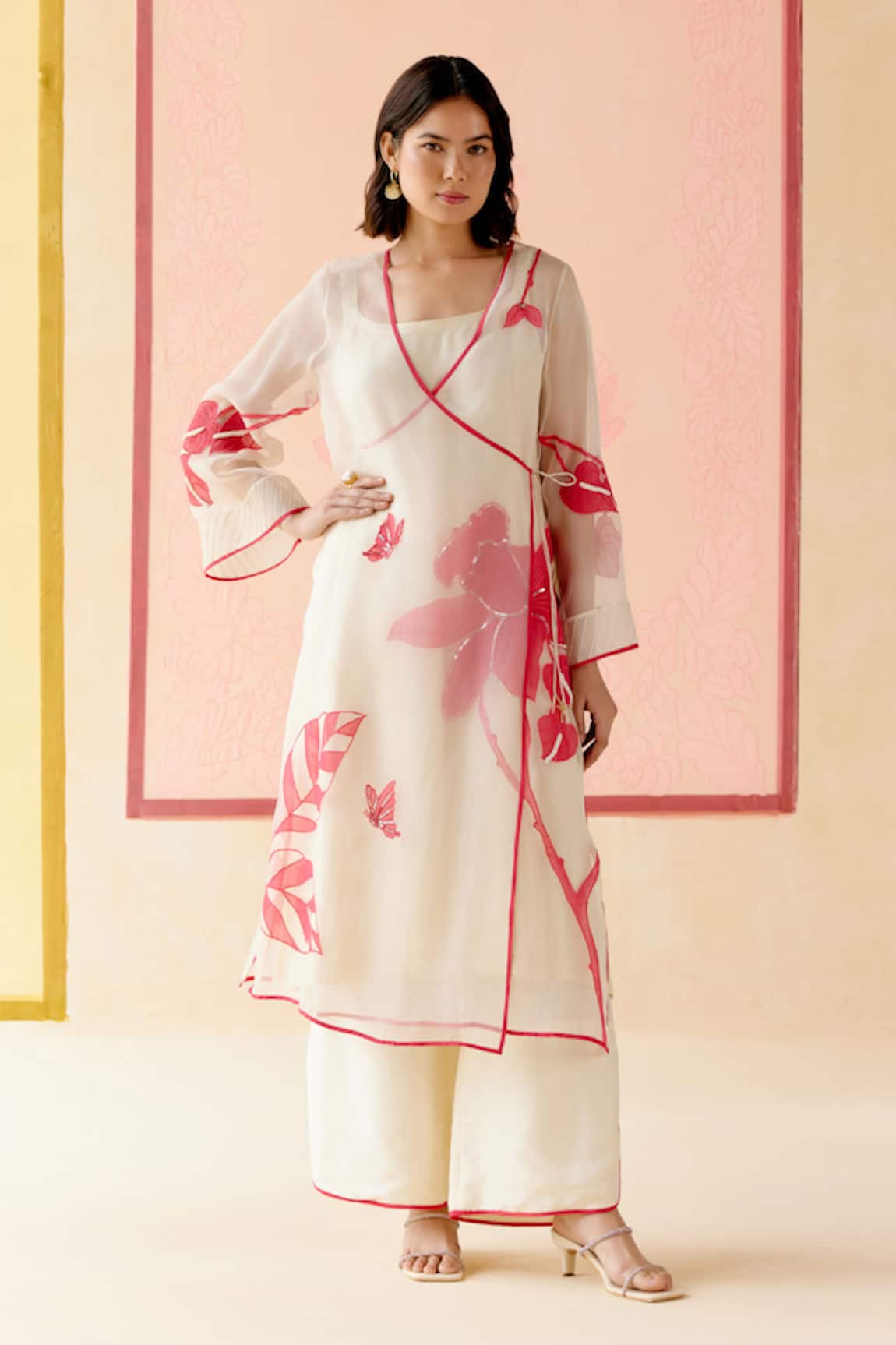 I AM Design Ivory Suit Set with Red Pink Applique Work 