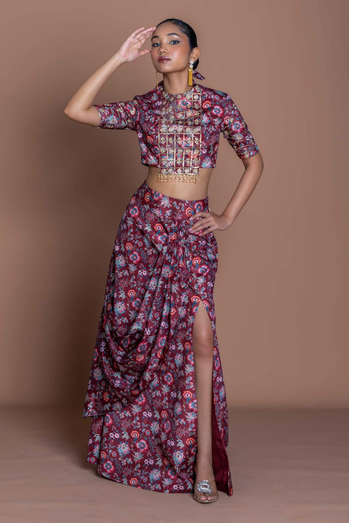 Damoiselle Garnet Grid Draped Skirt Set 