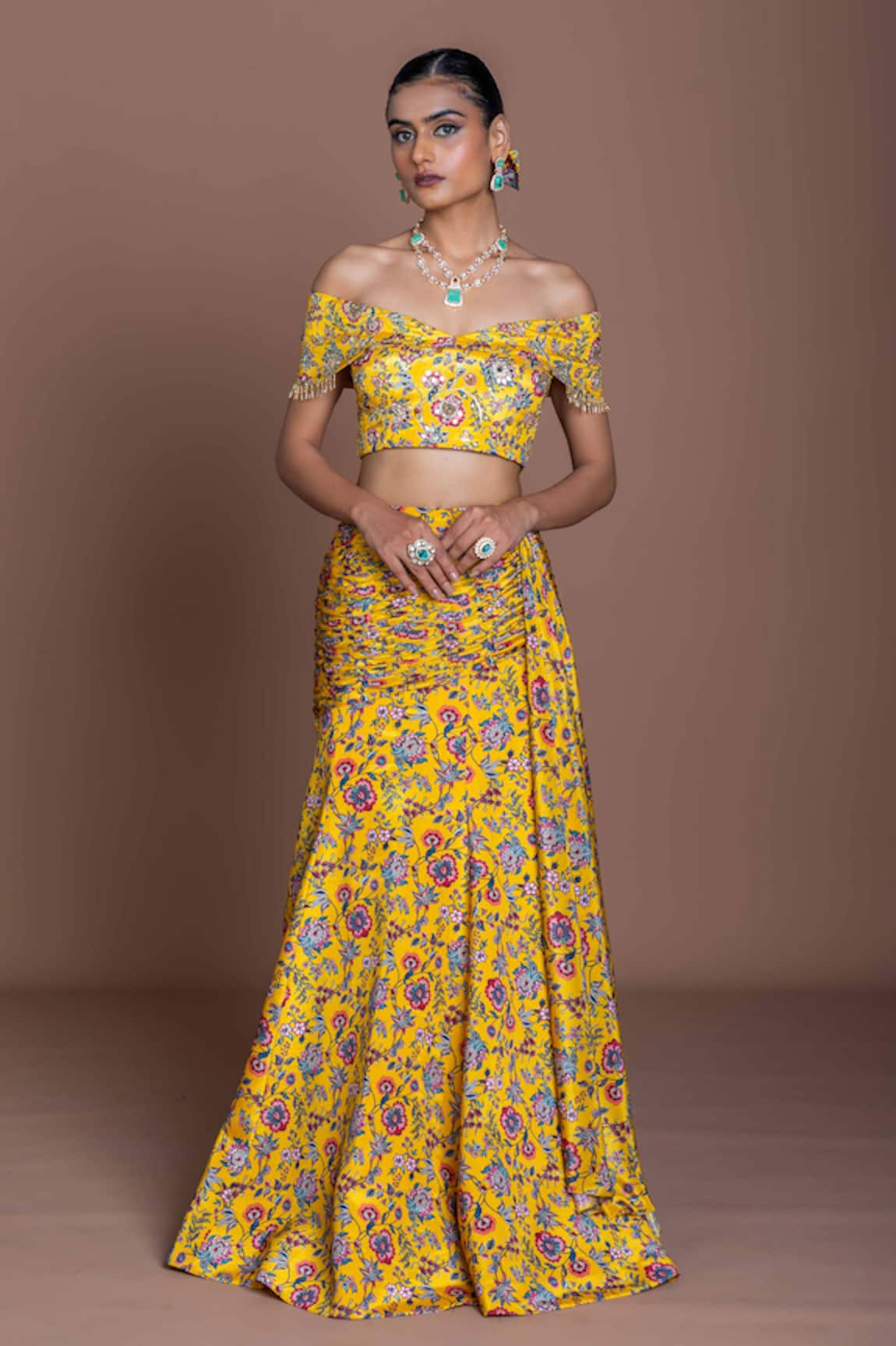 Damoiselle Mustard Floral Off-Shoulder Lehenga Set 