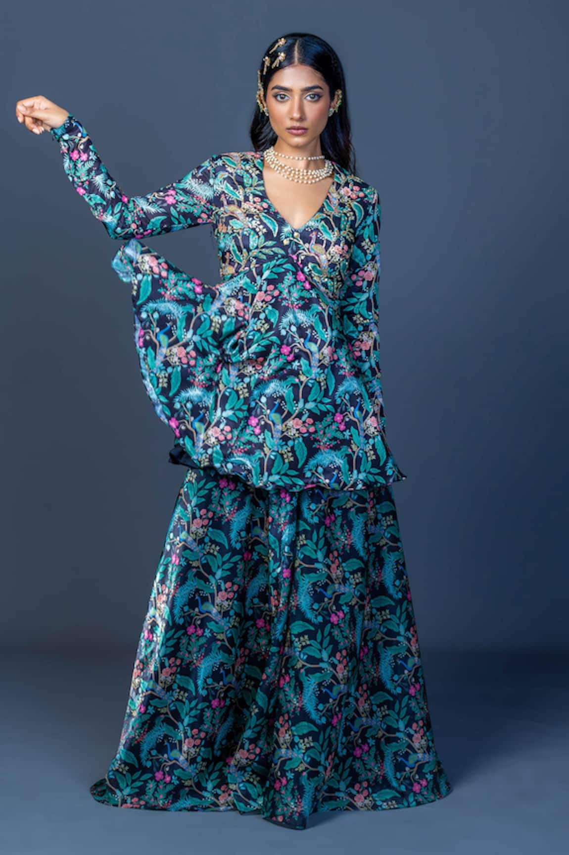 Damoiselle Midnight Peacock Peplum Ensemble 