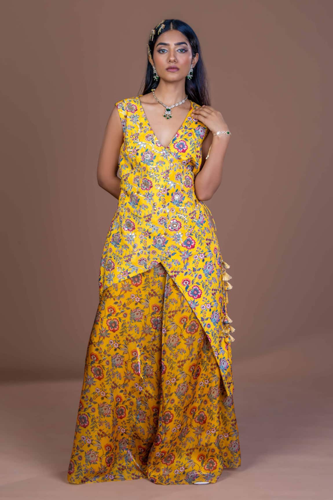 Damoiselle Sunlit Drape Layered Kurta & Sharara Set 