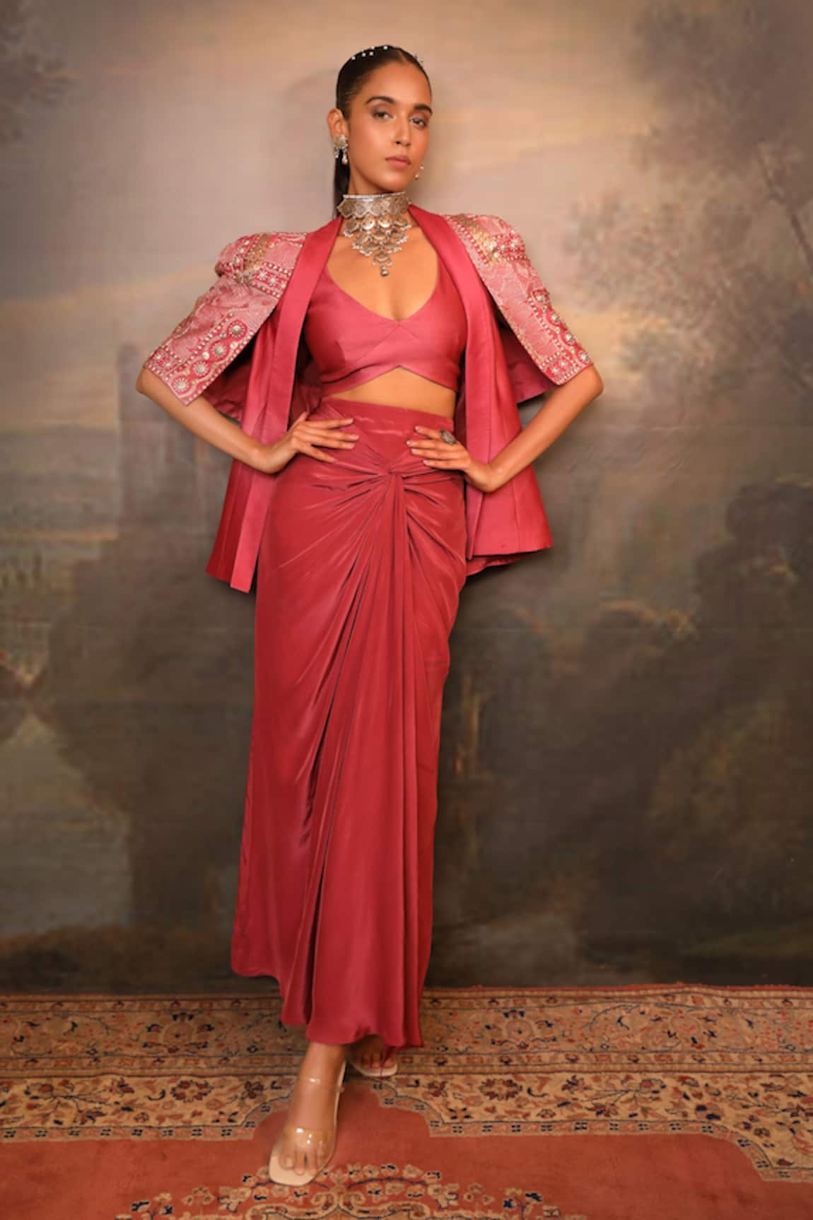 Jigya Japra Dusty Chidar Cowl Skirt & Blazer Set 