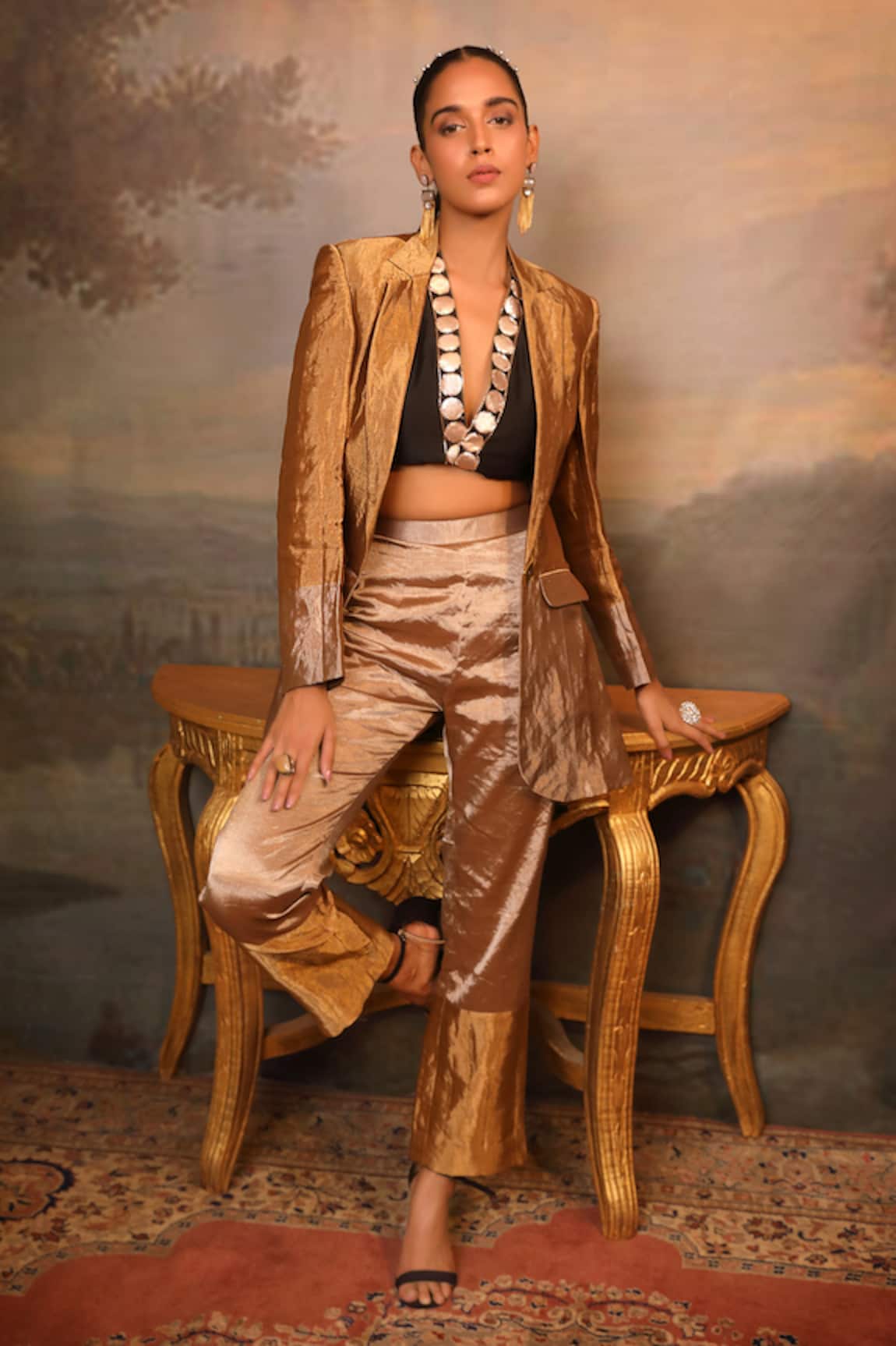 Jigya Japra Copper Brown Chanderi Silk Blazer Set 