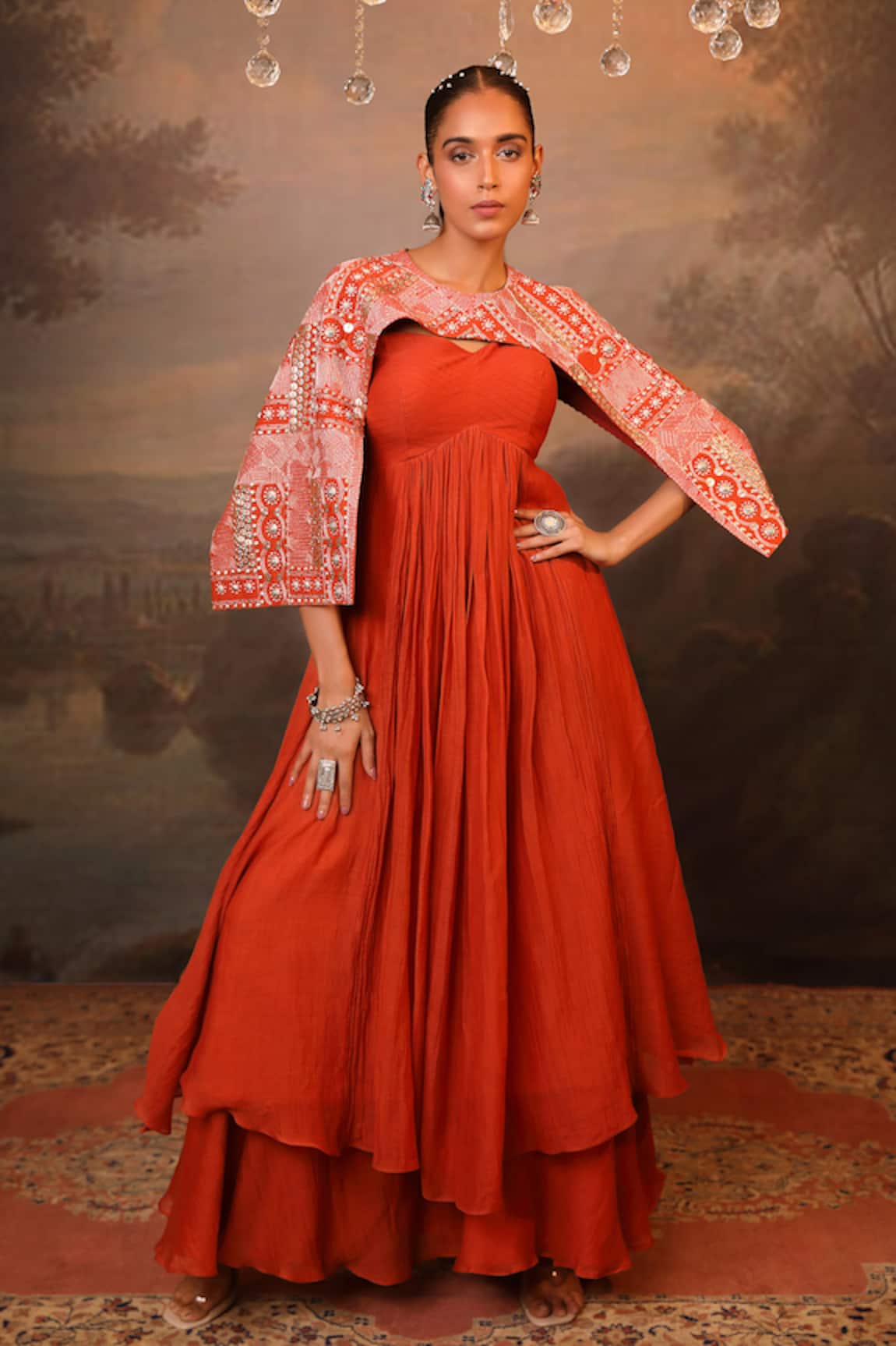 Jigya Japra Cinnamon Orange Anarkali & Cape Set 