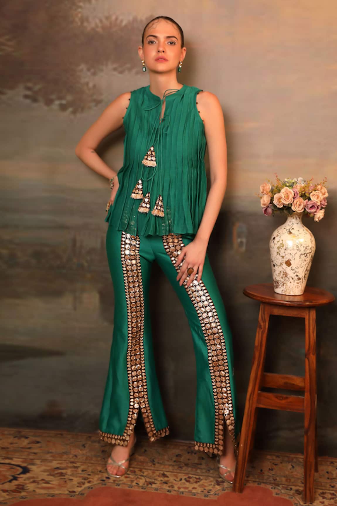 Jigya Japra Rama Green Chanderi Top & Pant Set 