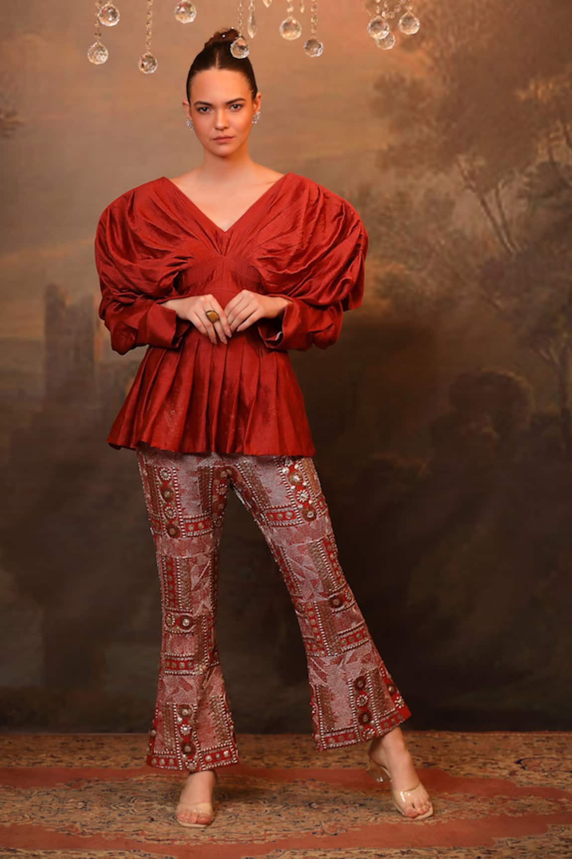 Jigya Japra Rust Red Chanderi Silk Top & Pant Set 