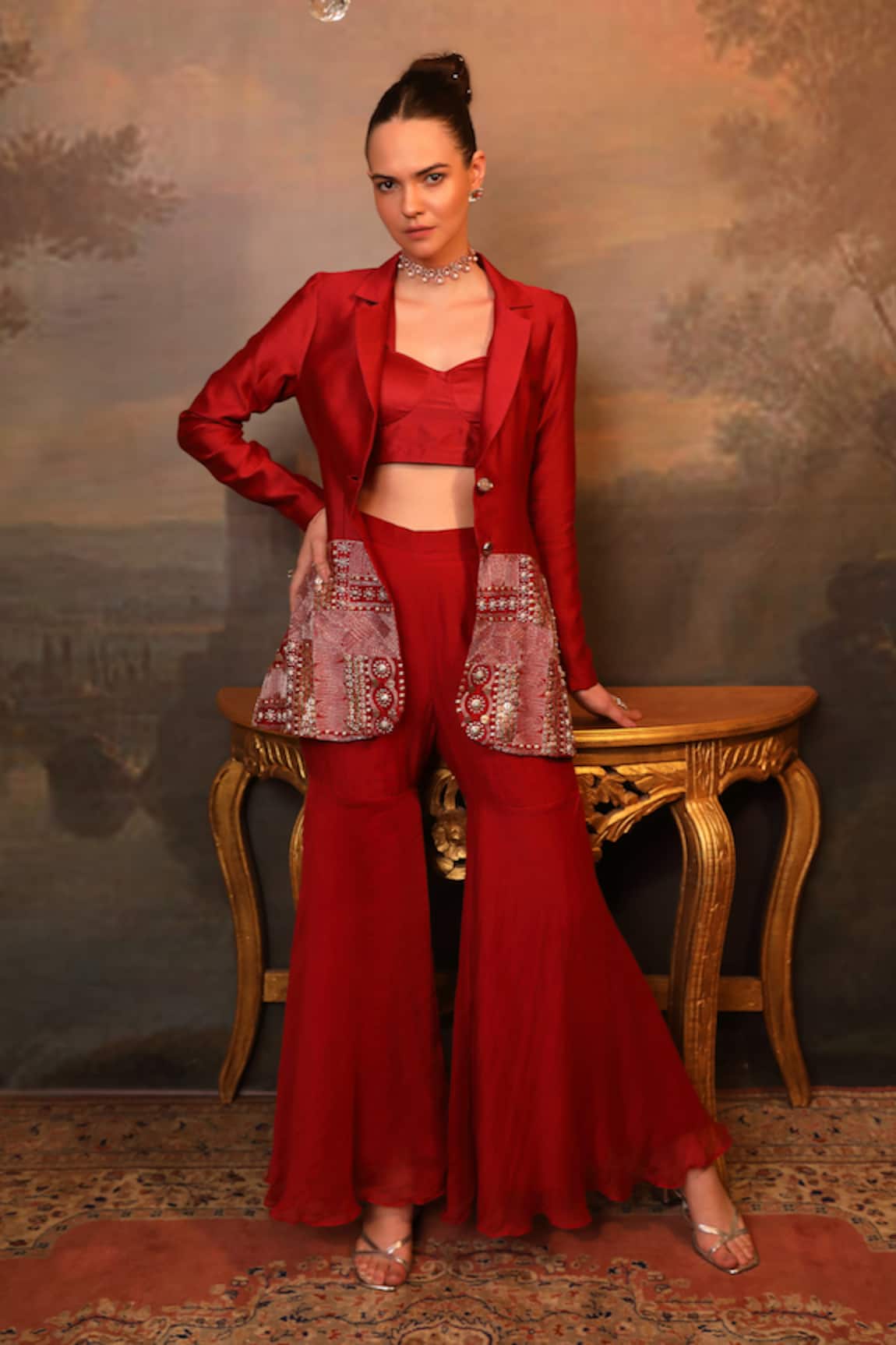 Jigya Japra Embroidered Maroon Blazer Sharara Set 