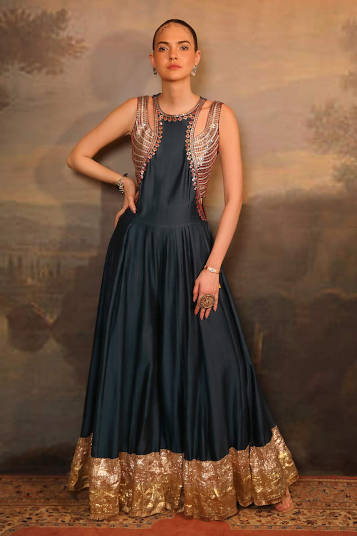 Jigya Japra Metal Blue Chanderi Silk Jumpsuit Set 