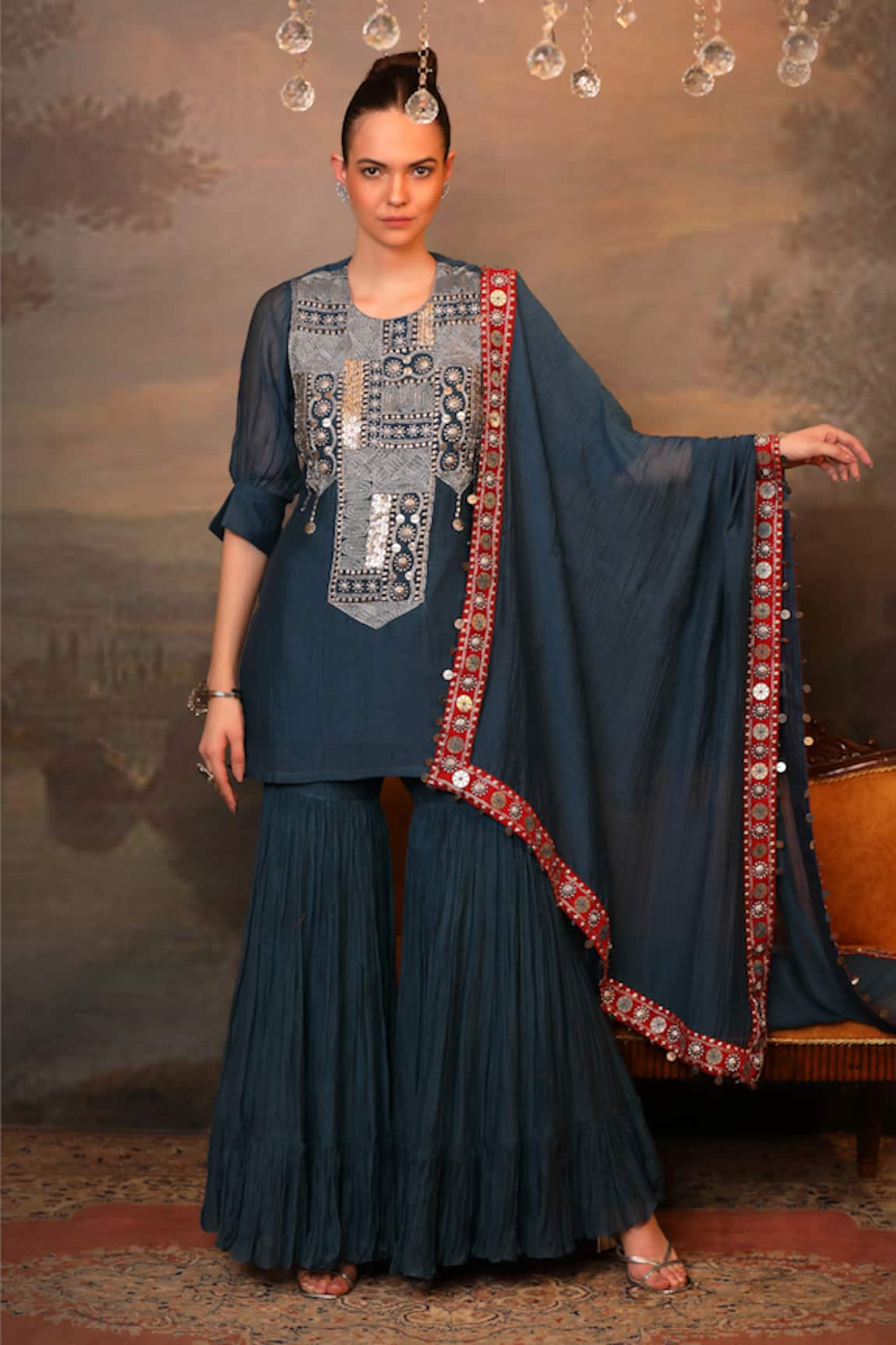 Jigya Japra Peacock Blue Chanderi Kurta Sharara Set 