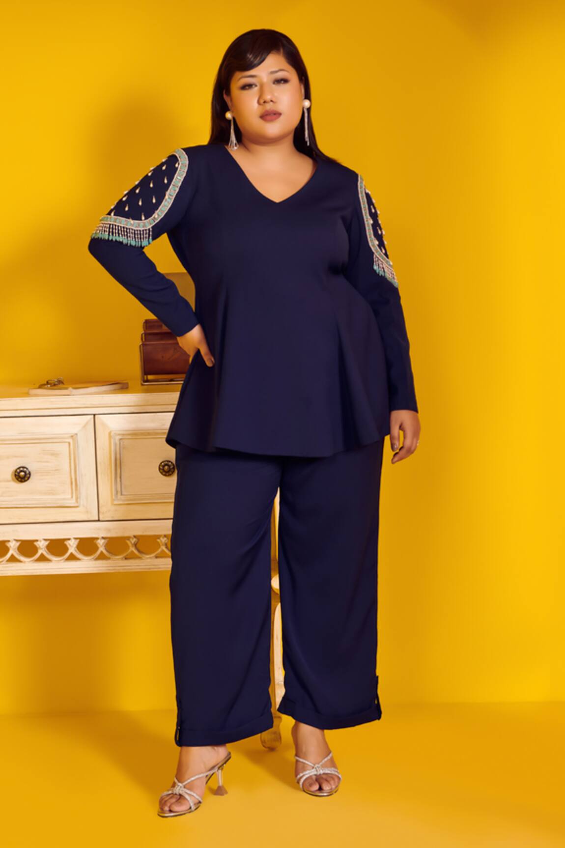 Mamicha Navy Blue Cipher Peplum Top & Pant Set 